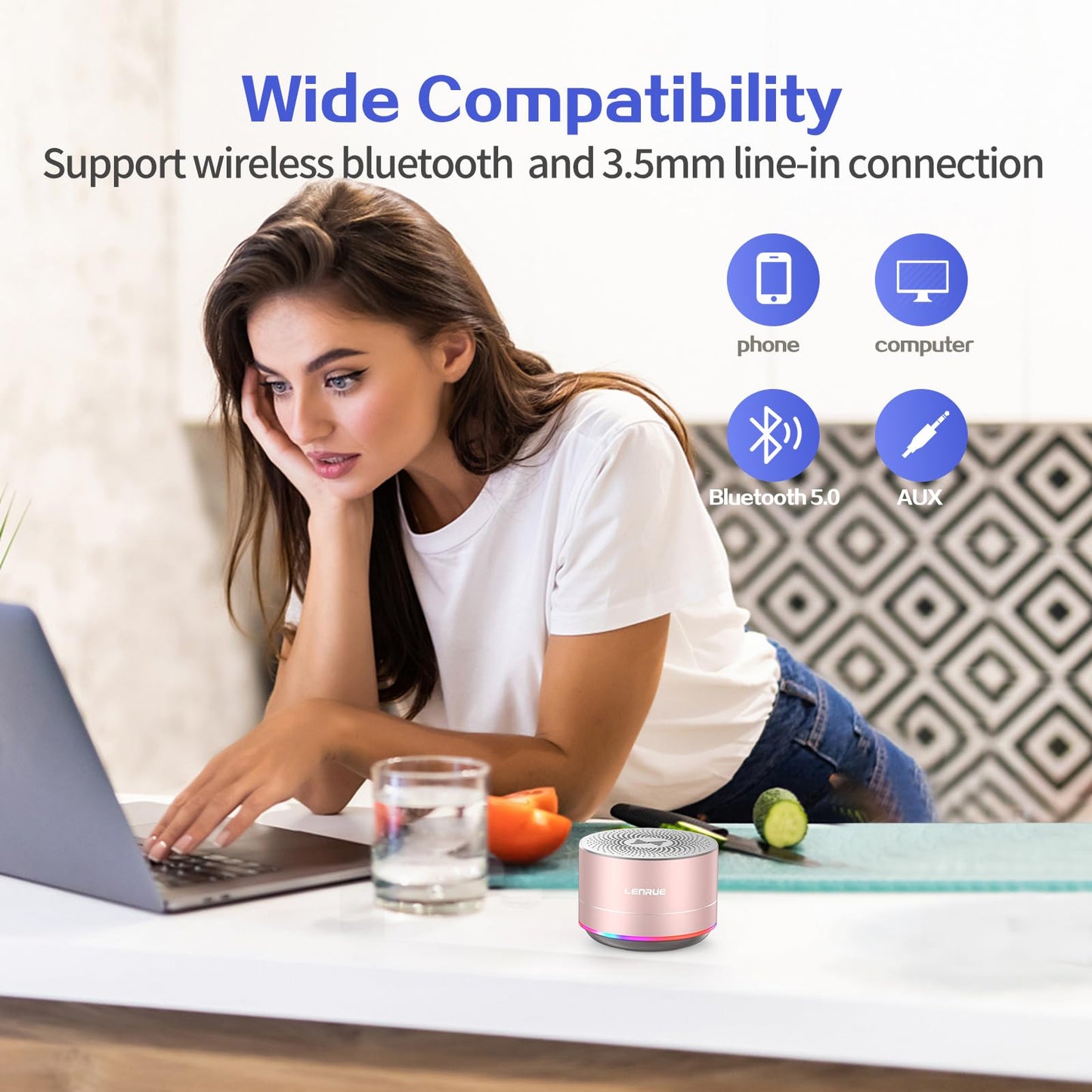 LENRUE A2 Portable Wireless Bluetooth Speaker with Lights and Lanyard,5W Mini Small Metal Speakers Bluetooth 5.0/Aux-in for iPhone Android Home