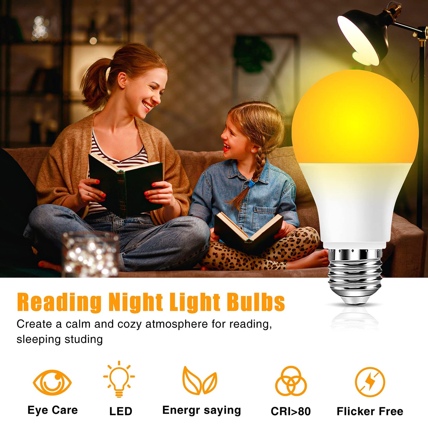 Neporal Amber Light Bulbs, 9W 60W Equivalent A19 Soft Light Bulb, Blue Light Blocking Warm Light Bulbs, 1800K Amber Night Light Bulb, Dim Bulb