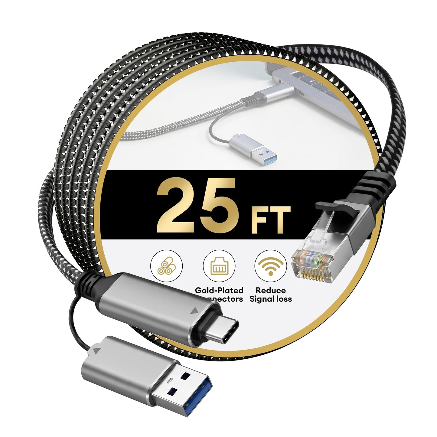 Molltto USB 3.0 to Ethernet Adapter Cable 25FT, USB C & USB A 2 in 1