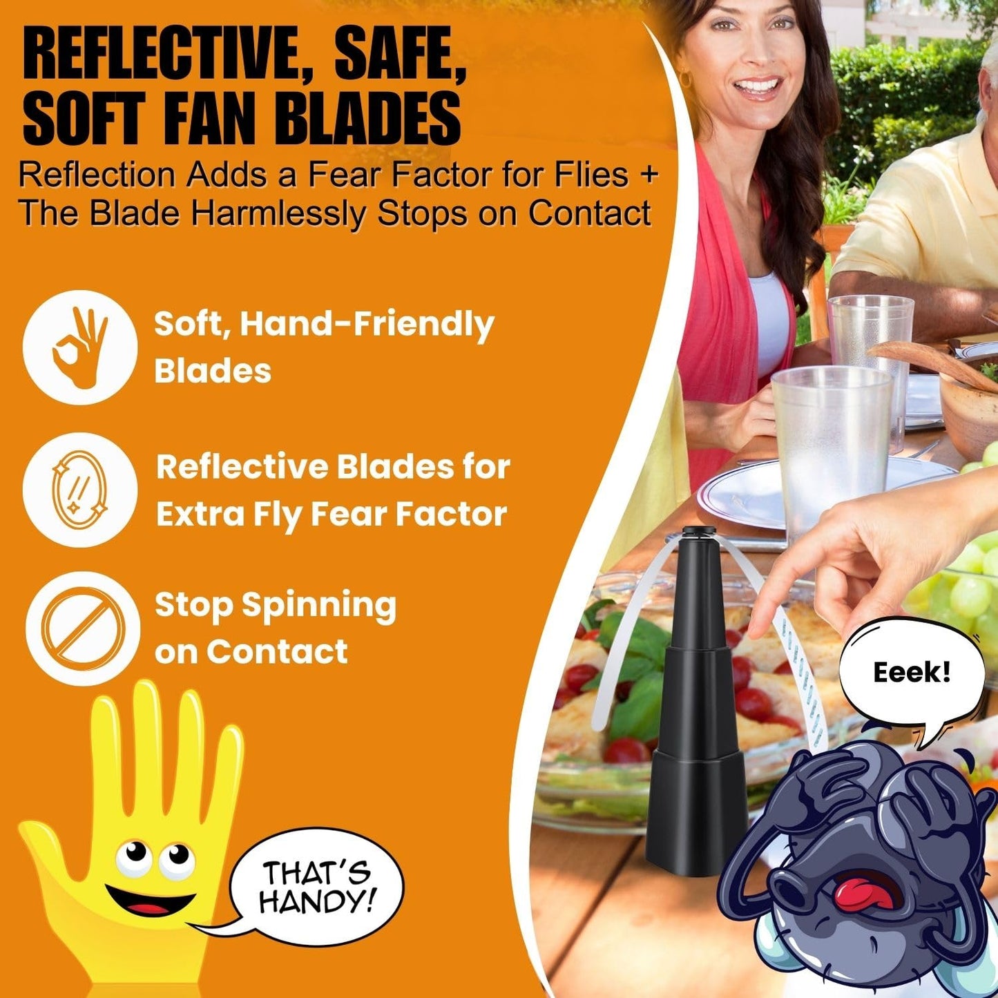 CreatureCops™ Fly Fans for Tables | Retractable, Silent for Outdoor Tables with Reflective Blades | Tabletop Fly Fan to Help Keep Fly Away from Food |