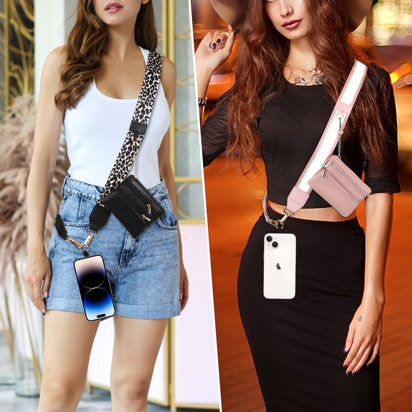 KSOPUERT Crossbody Phone Strap with Zippered Pouch,Clip and Go Strap for Phone with Wallet Crossbody,Adjustable Cell Phone Lanyard Wrist/Neck