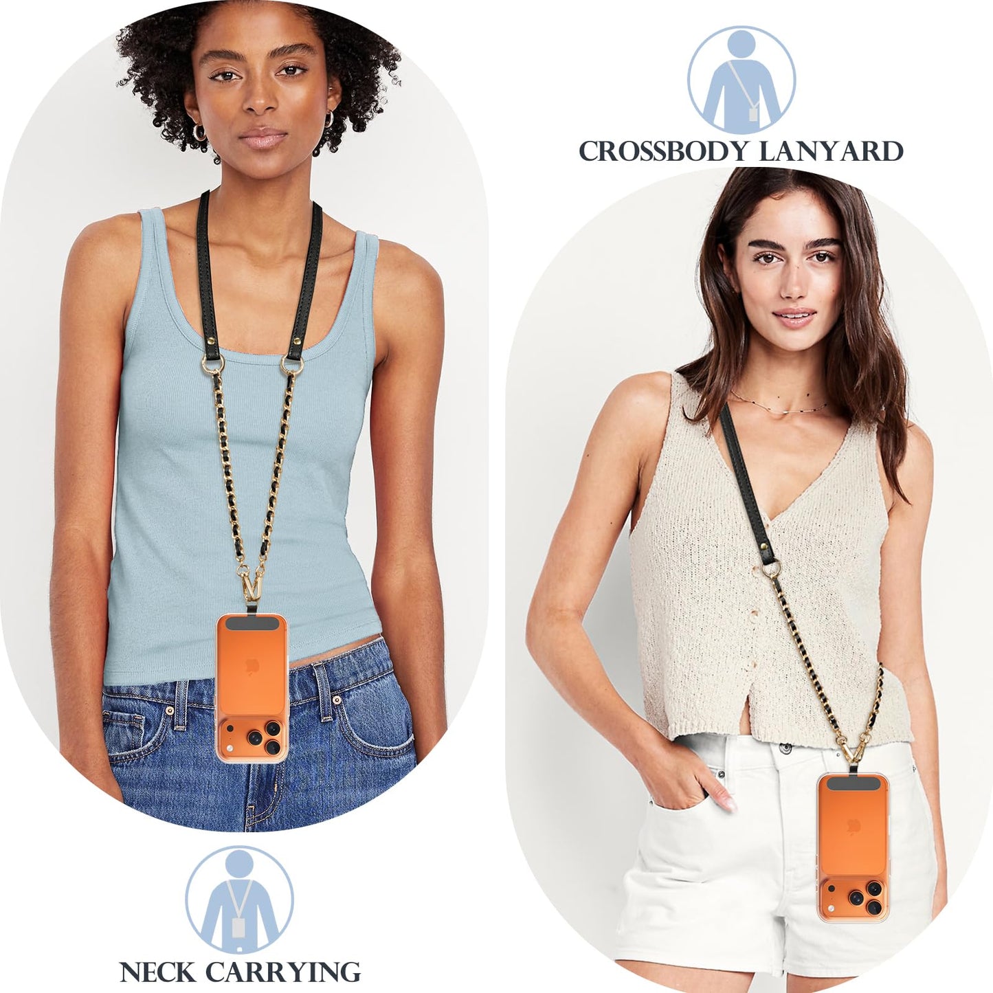 TiMOVO 2-in-1 Phone Lanyard Crossbody, Adjustable Phone Strap for iPhone 17, 16 Series and Most Smartphones, PU Strap Combo with Metal Chain