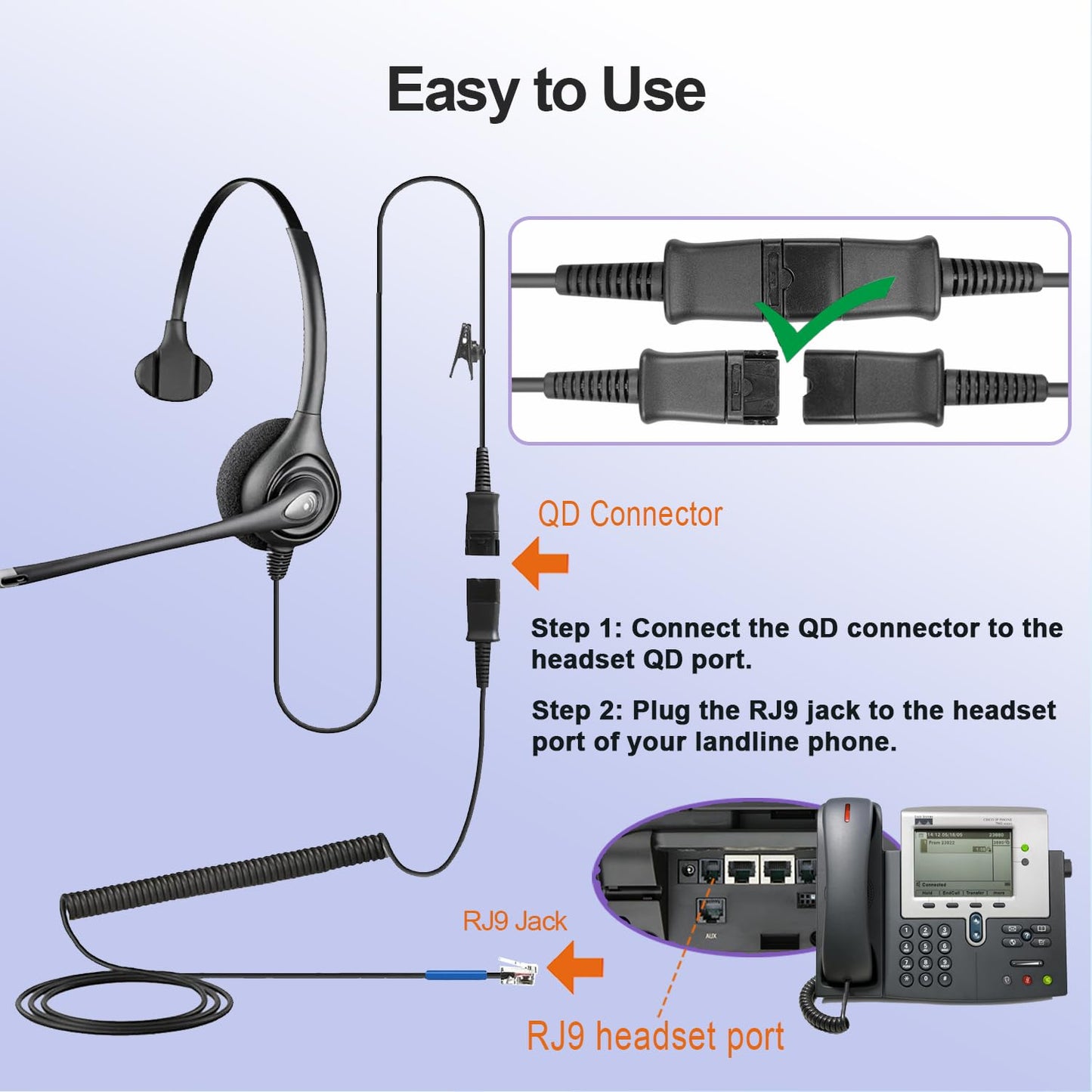 U10 Headset Adapter RJ9 Cable for Plantronics QD Quick Disconnect Headsets Wired to RJ9 Telephone Headset Cord Compatible with Cisco IP Phone 8851