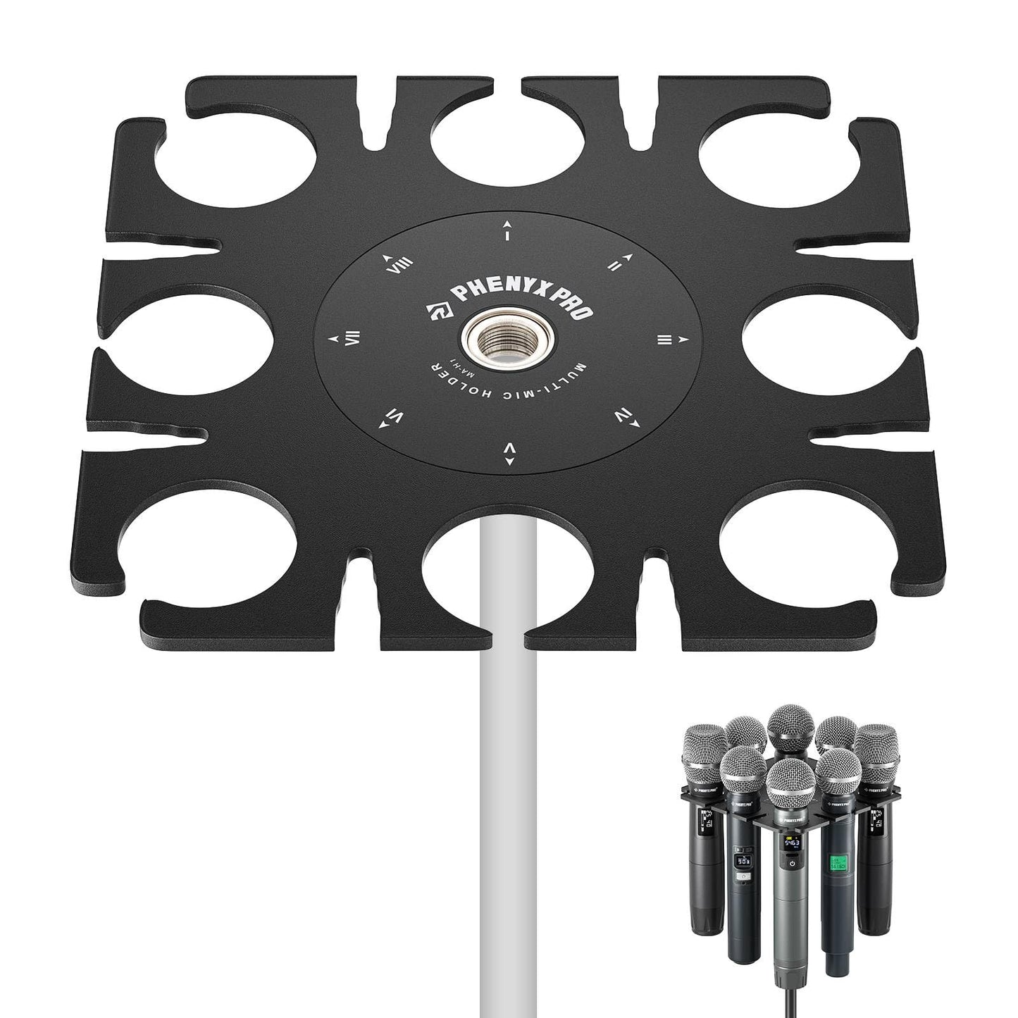 Phenyx Pro MA-H1 8-Slot Multi-Microphone Holder, Wired & Wireless Handheld Microphone Organizer and Display, Mics Storage Hanger, Compatible with 3/8"