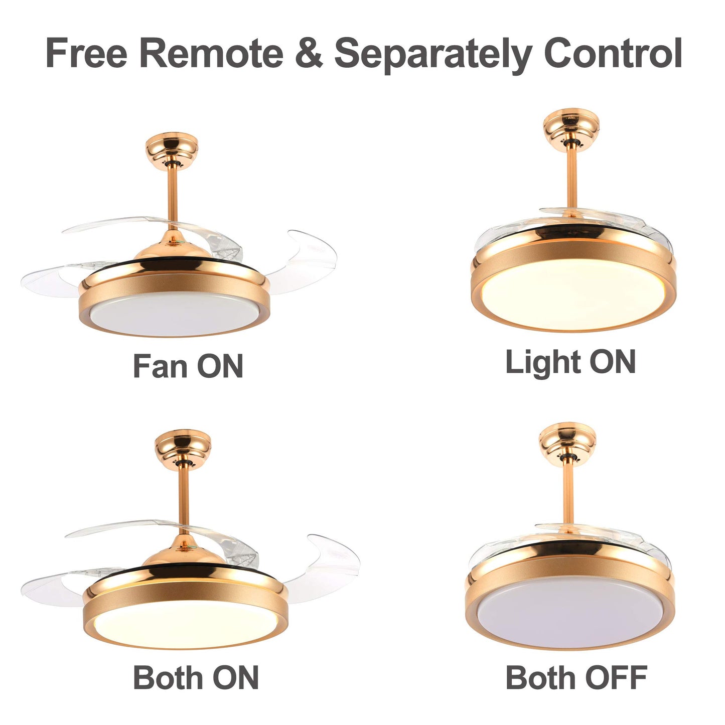 36In Retractable Ceiling Fan with LED Light and Remote Control, Retractable Blades, 3 Color Dimmable Modern Ceiling Fan for Bedroom/Living Room/Dining