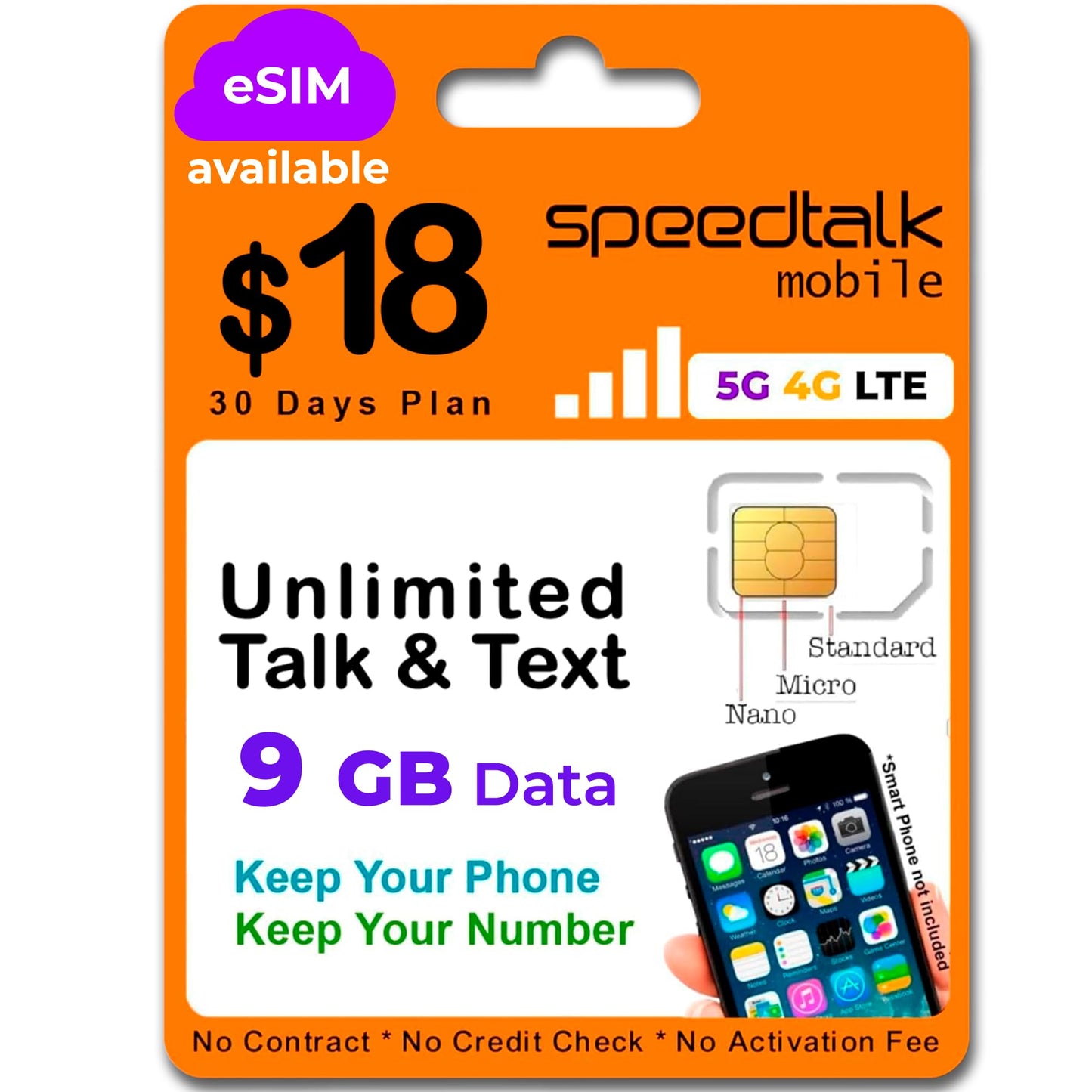 SpeedTalk Mobile Prepaid Wireless Plan for Smart Phones & Cellphones - BYOD - Unlimited Talk, Text & Data 9GB High Speed 5G/4G/LTE Nationawide 30 Day