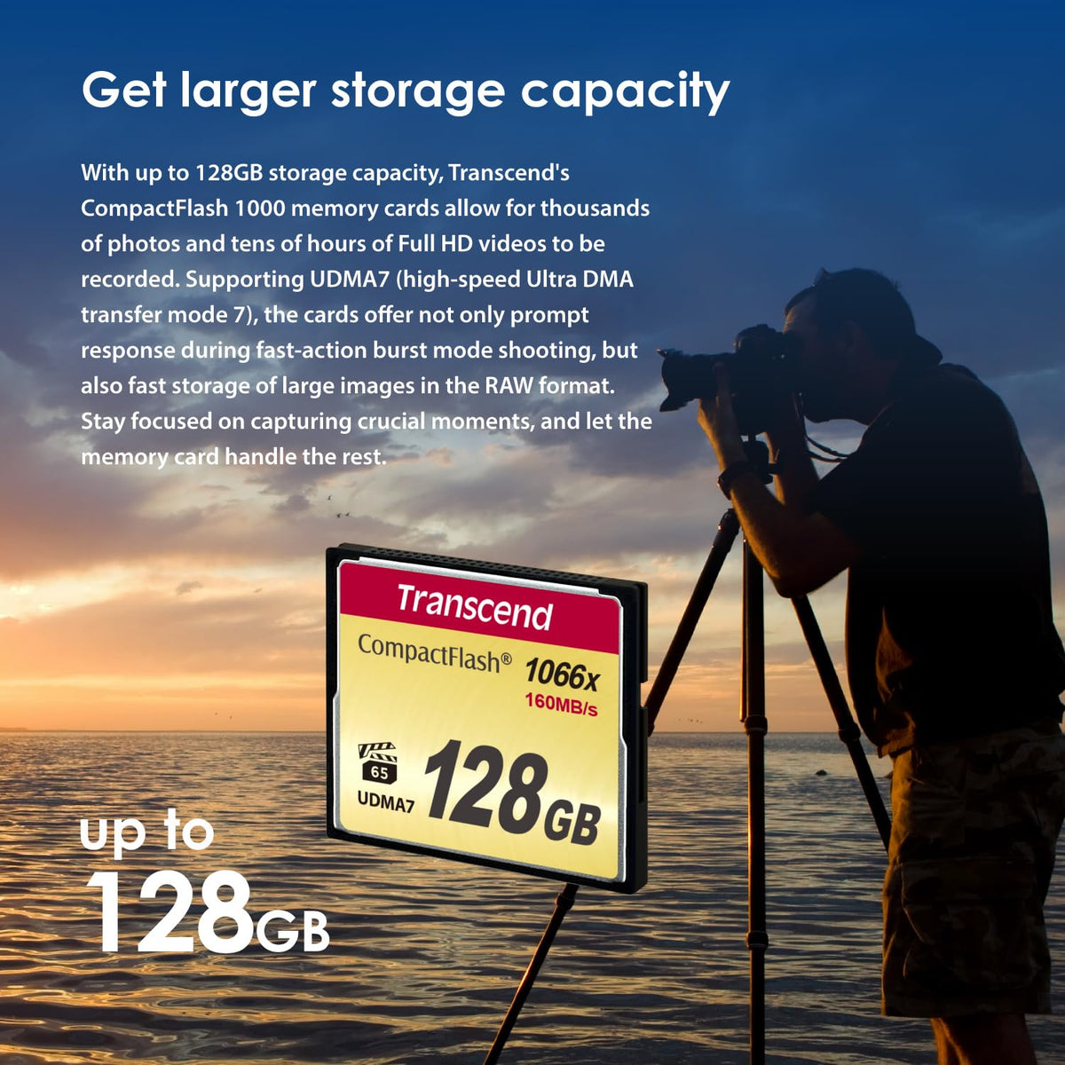 Transcend 16GB CF1000, CompactFlash Memory Card, UDMA 7, High Speed, VPG-65, Up to 160MB/s, For SLR Camera, MLC - TS16GCF1000