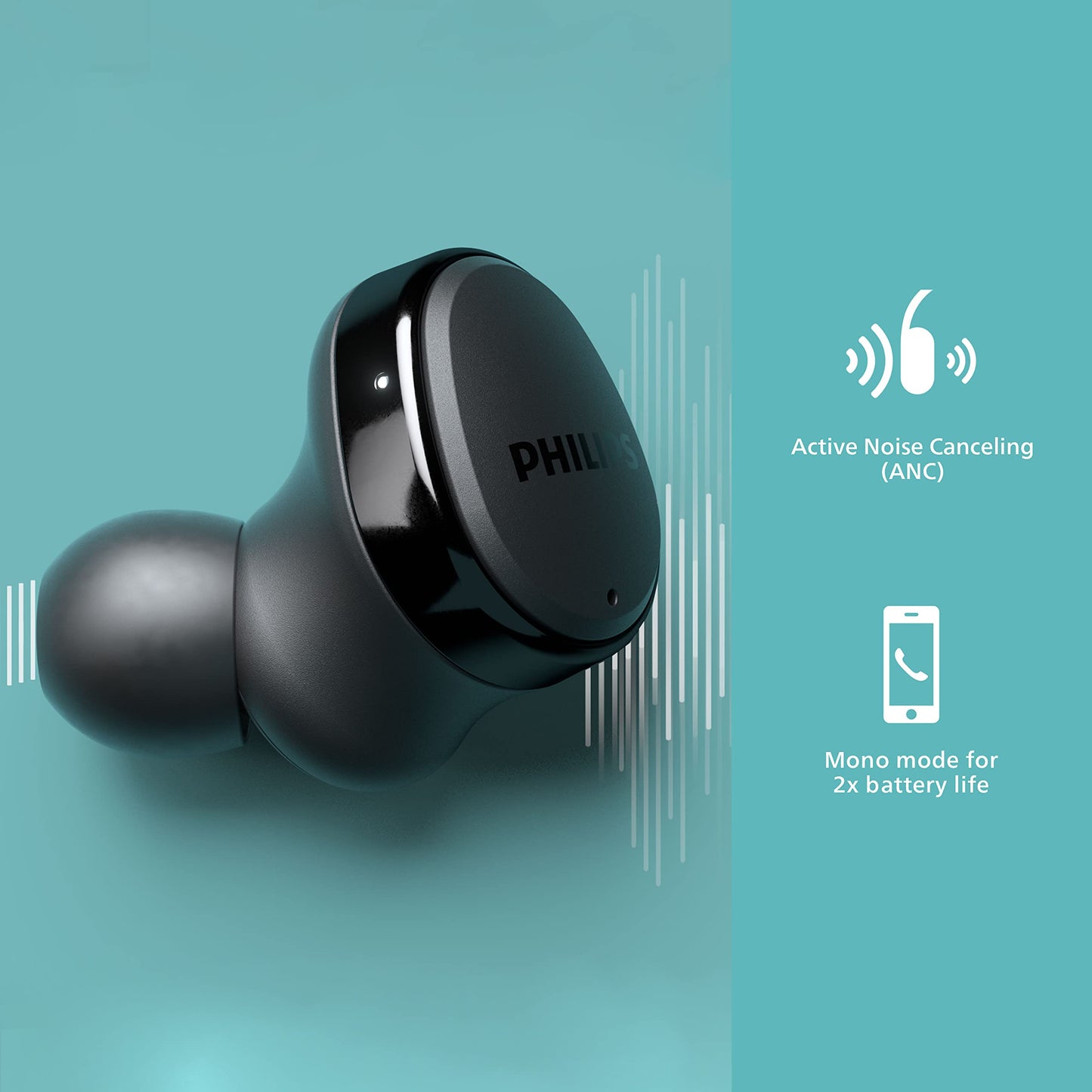 Philips T4556 True Wireless Headphones with Active Noise Canceling (ANC) and IPX4 Water Resistance, Black