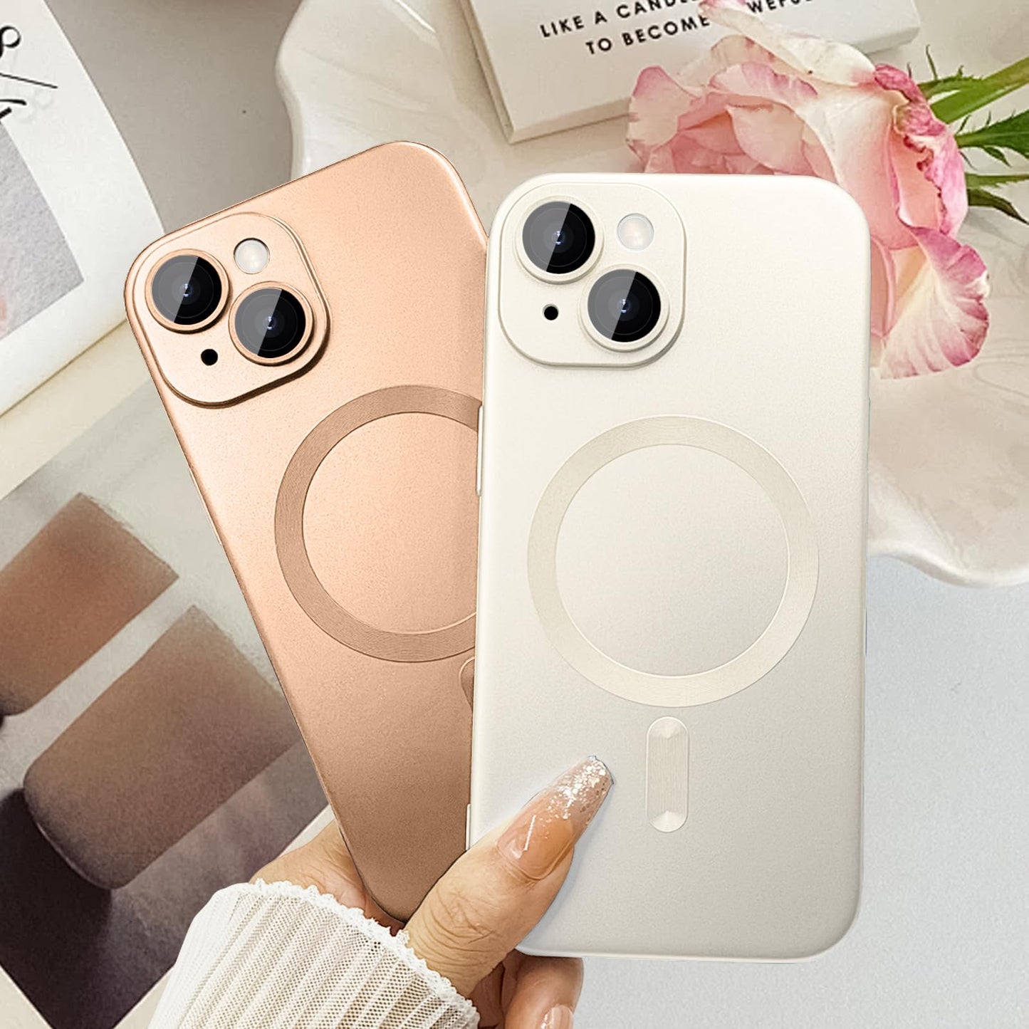 ankofave Magnetic for iPhone 15 Plus Phone Case for Women, Matte Luxury Soft Metallic Luster Design and Camera Lens Protector, Compatible with Magsafe