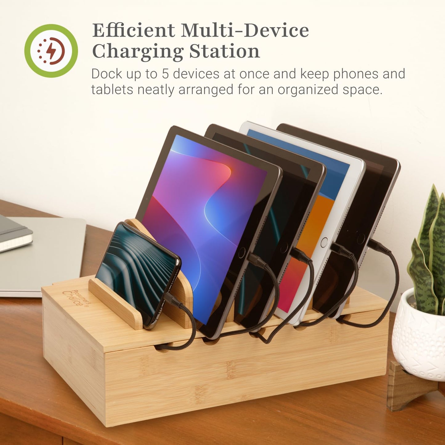 Prosumer's Choice Wooden Charging Station Organizer - 5-Port Base for Phones, Tablets and Laptops - Multi-Device Docking Station with Removable