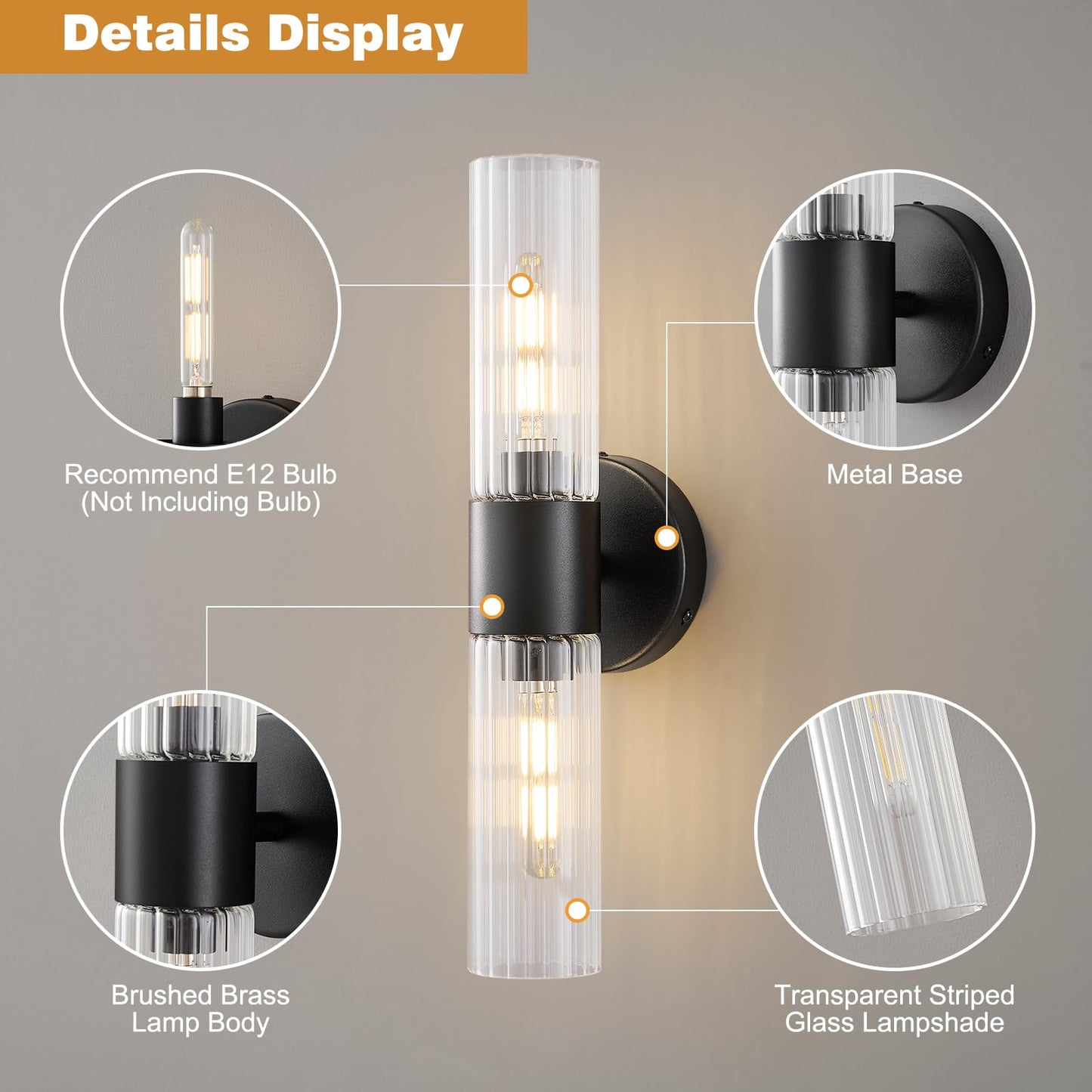 Timeweave Bathroom Light Fixtures 2-Light, Modern Vanity Light for Bathroom, Wall Sconce, Bath Light with Glass Rods Shades for Mirror Bedroom Hallway