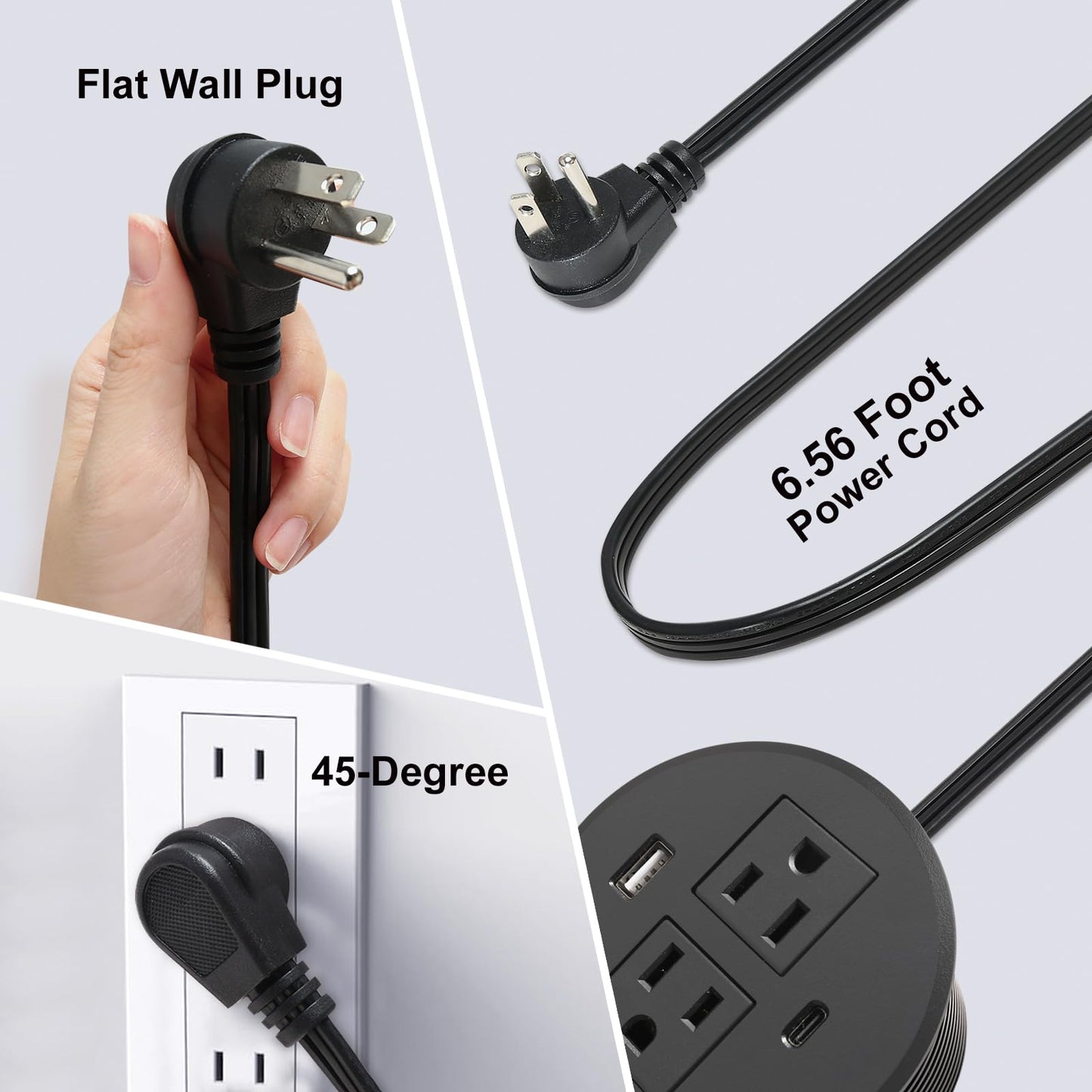 Desk Power Grommet USB C Total 30W, 3.15 Inch PD Fast Charge Desktop Power Strip 2 Outlets 2 USB Ports Recessed Flat Plug Extension Cord Mount into