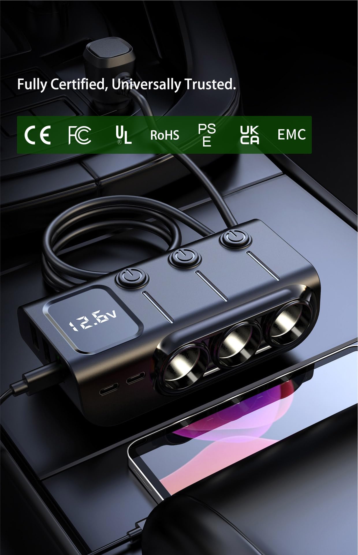 8 in 1 Cigarette Lighter Splitter, 120W 3 Socket Car Charger Adapter,5 USB,Type-C PD36W, Fast Charging,12V/24V Input, Built-in Protecter, Zero Risk