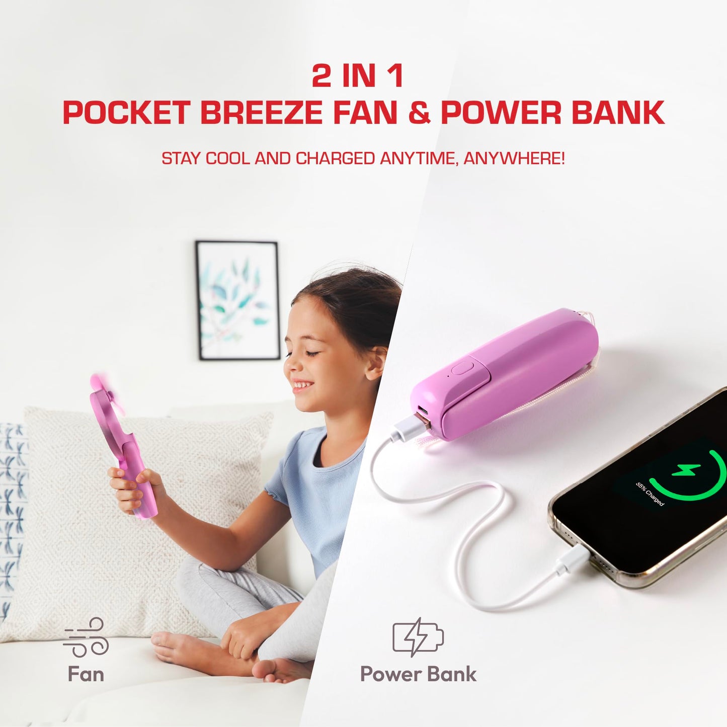 Red by Kiss 2-in-1 Rechargeable Pocket Fan - Mini USB-C Handheld, 3 Speeds, Foldable Travel, 4H Runtime (Purple)