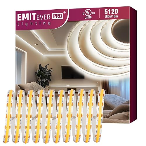 EMITEVER COB LED Strip Lights Neutral White, 4000K Tape Light Premium High Density, DC 24V, 360+Lumens/ft, 5120LEDs/Spool,Ra 90+,32.8ft/10m,UL Listed