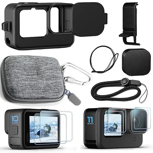 OKFUN Accessories Kit for Go Pro Hero12/Hero11/Hero10/Hero9 Black,Carrying Case+Silicone Case with Rubber Lens Cover+Screen Protector+Battery Side