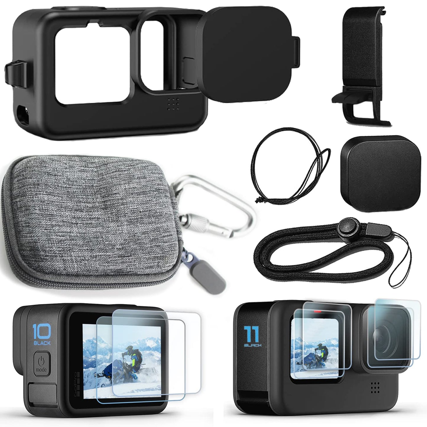 OKFUN Accessories Kit for Go Pro Hero12/Hero11/Hero10/Hero9 Black,Carrying Case+Silicone Case with Rubber Lens Cover+Screen Protector+Battery Side
