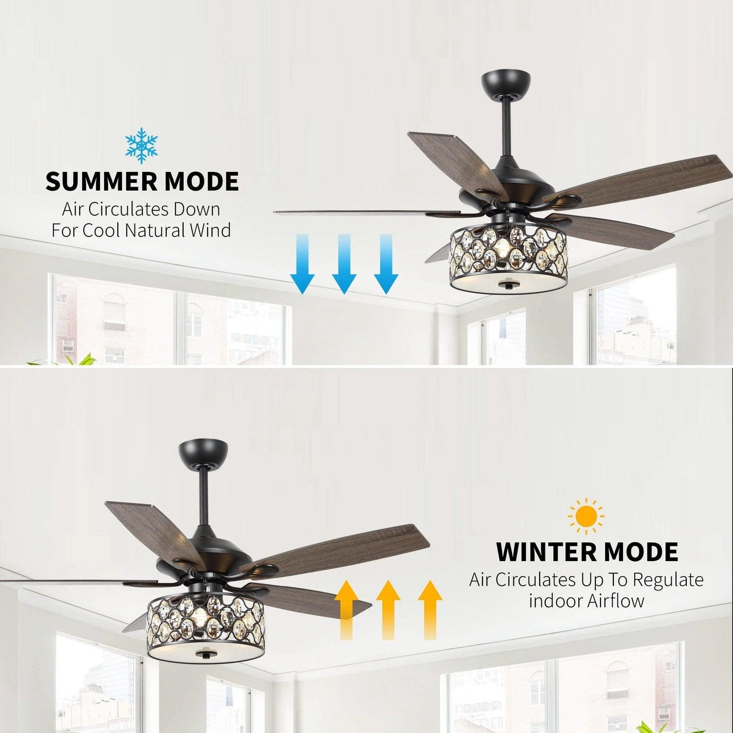 Vaczon 52 Inch Ceiling Fan with Light & Remote - Farmhouse Caged Fandelier, Crystal Ceiling Fan with 6 Speeds,Reversible Motor