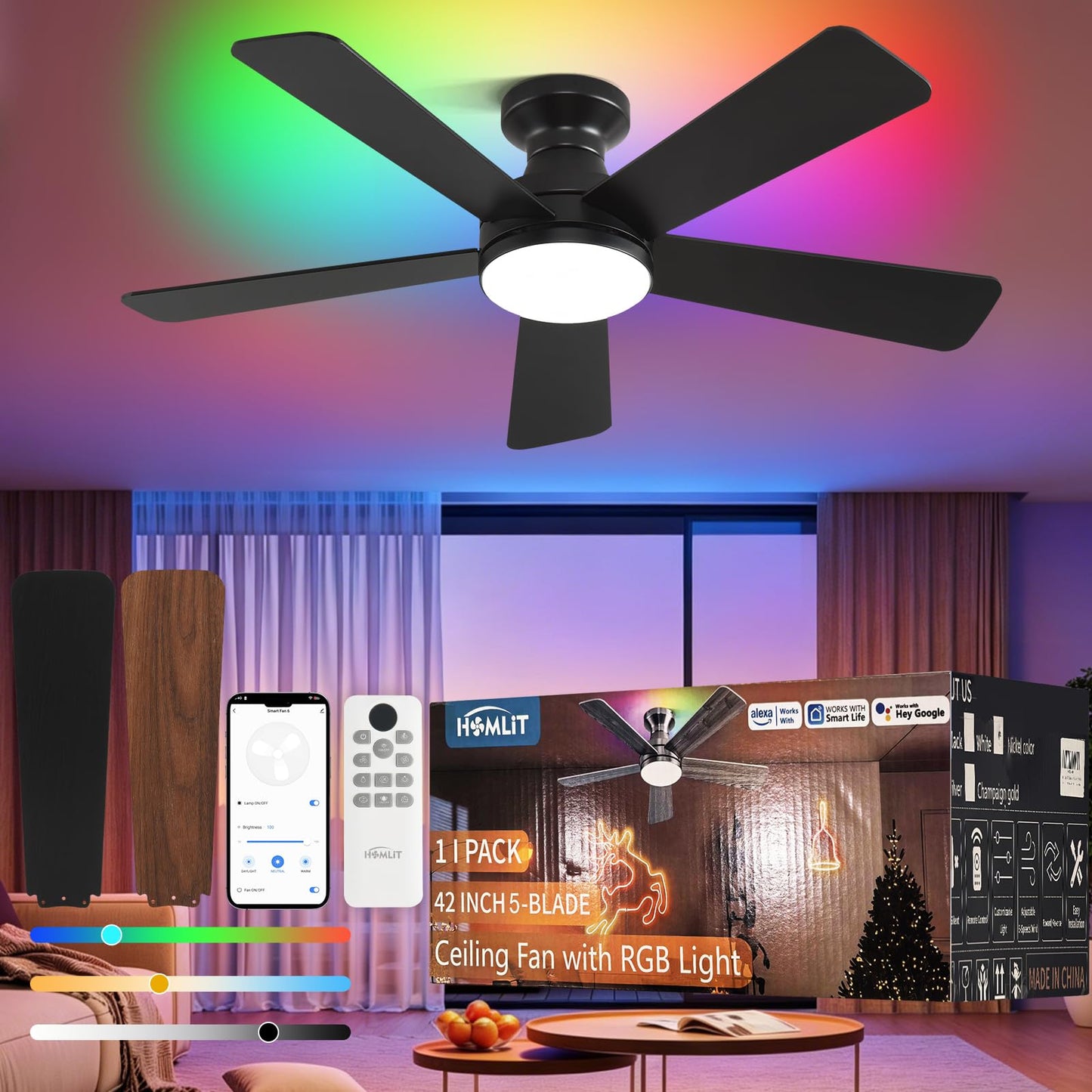 Homlit 42 inch RGB Ceiling Fan with Light, Voice & App & Remote Control Low Profile Flush Mount Ceiling Fan,6 Speeds Silent Motor, 4-Color Temperature