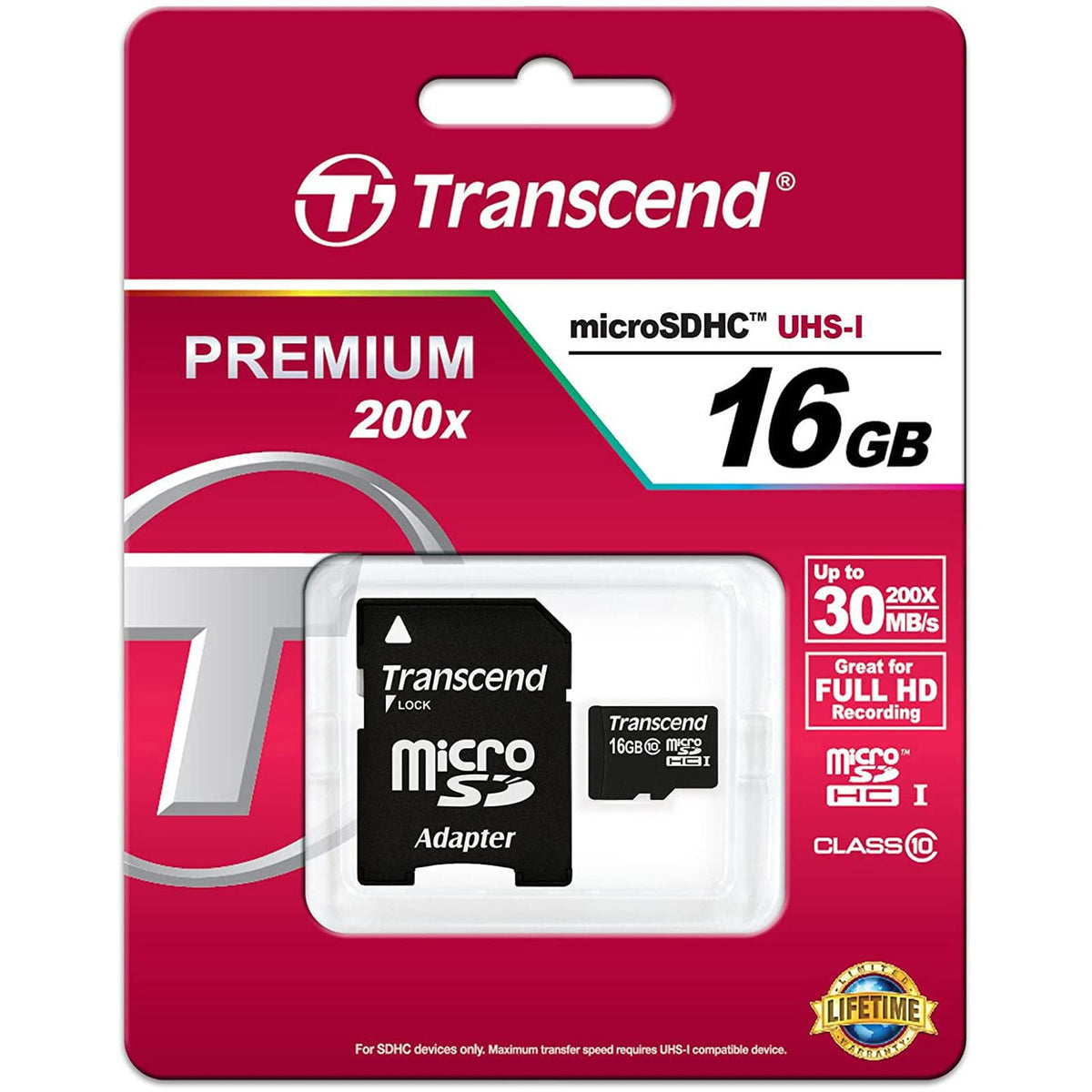 Transcend TS16GUSDHC10 16GB MicroSDHC Class 10 Memory Card with Adapter