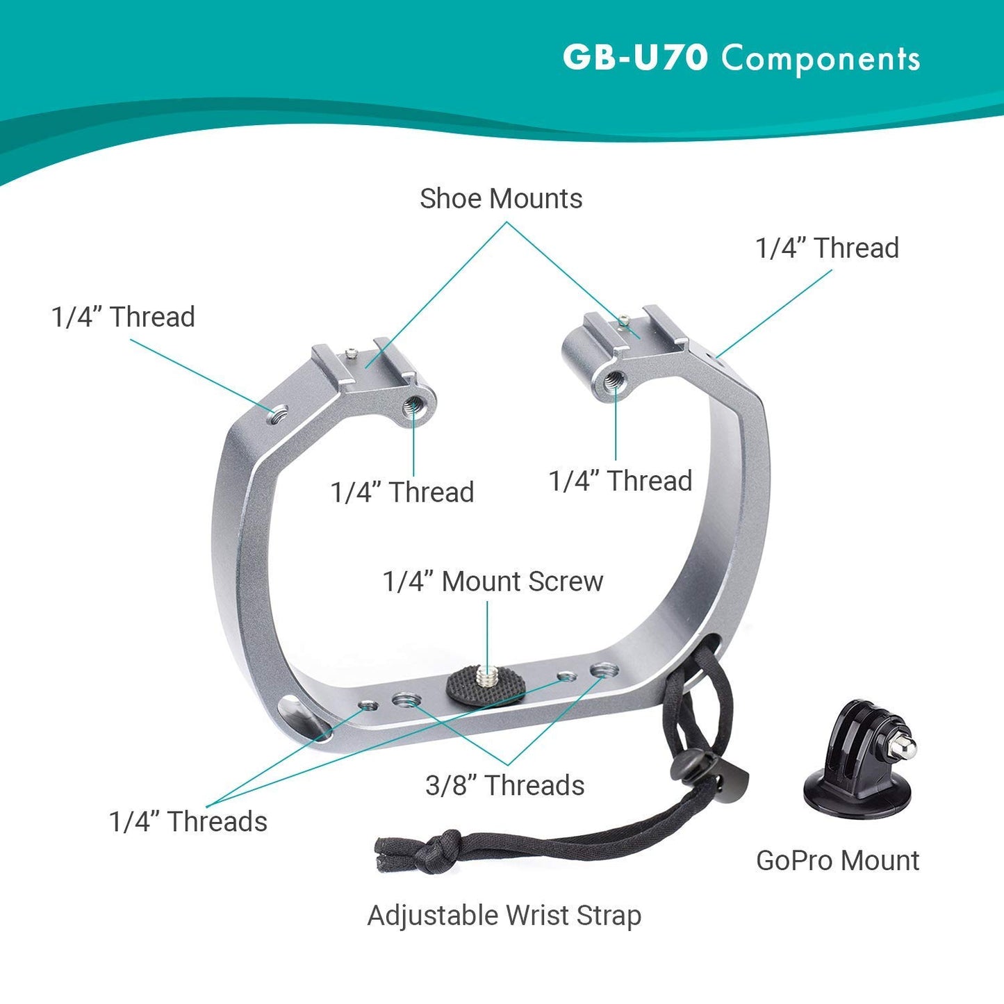 Movo GB-U70 Underwater Diving Rig for GoPro Hero with Cold Shoe Mounts, Wrist Strap - Works with HERO3, HERO4, HERO5, HERO6, HERO7, HERO8, Osmo Action