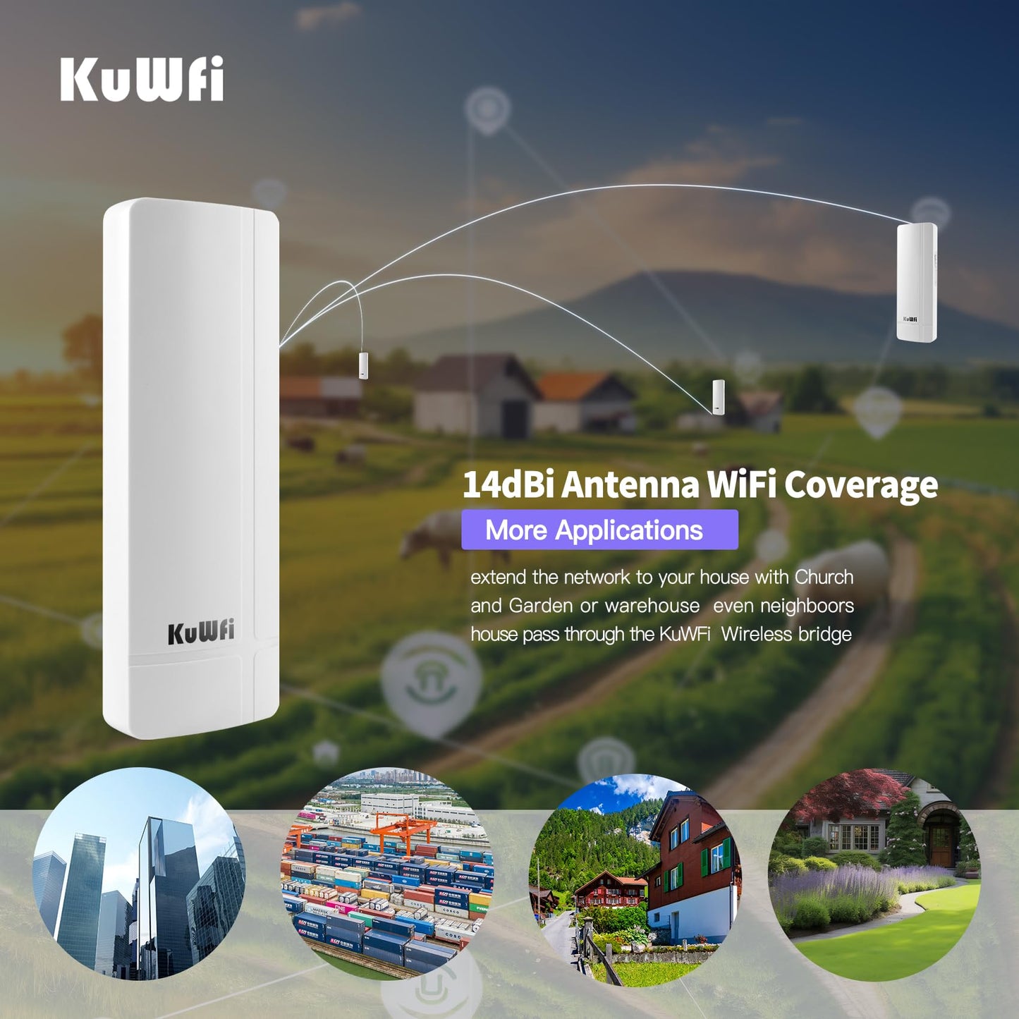 KuWFi 5.8G 3KM Gigabit Wireless WiFi Bridge Point to Point Outdoor Work for Starlink Satellite Signal Extend Outdoor Super Long Range WiFi Router
