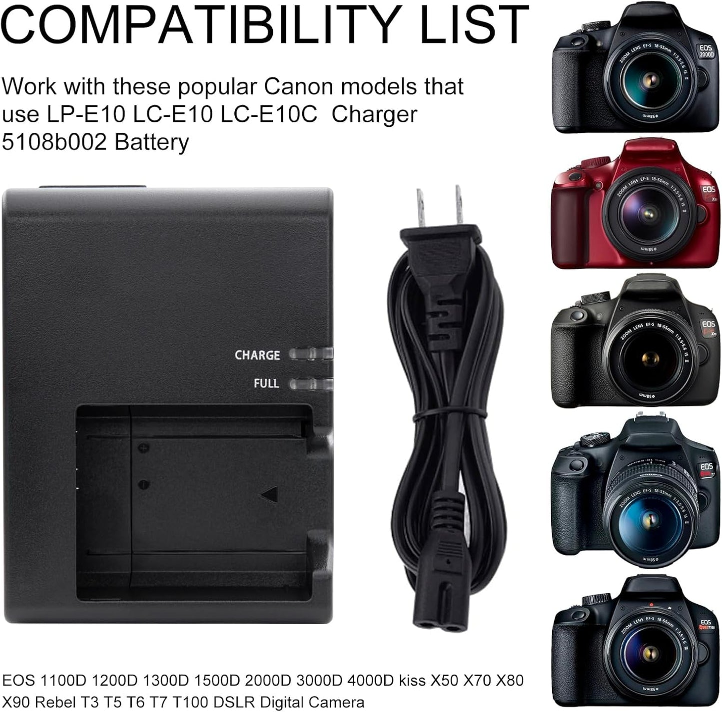 LC-E10 LP-E10 LC-E10C Battery Charger Compatible with Canon EOS Rebel T3 T5 T6 T7 T100 1100D 1200D 1300D 1500D 2000D 3000D 4000D kiss X50 X70 X80 X90