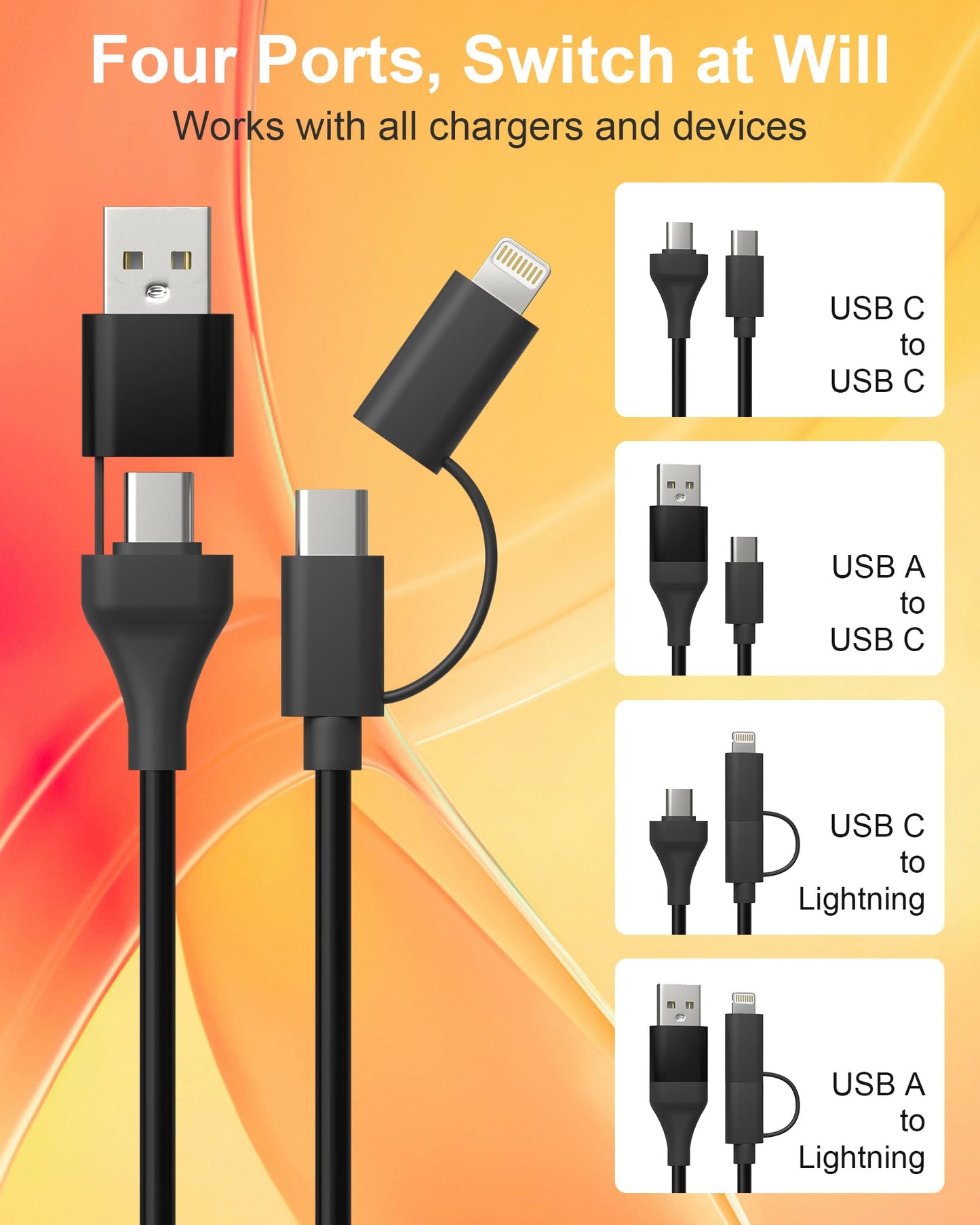 USB & USB-C to USB C and Lightning Cable Combo Coiled - 4 in 1 Charging Cable for Apple Carplay & Android Auto, 60W Short Curly Travel Multi Charger…