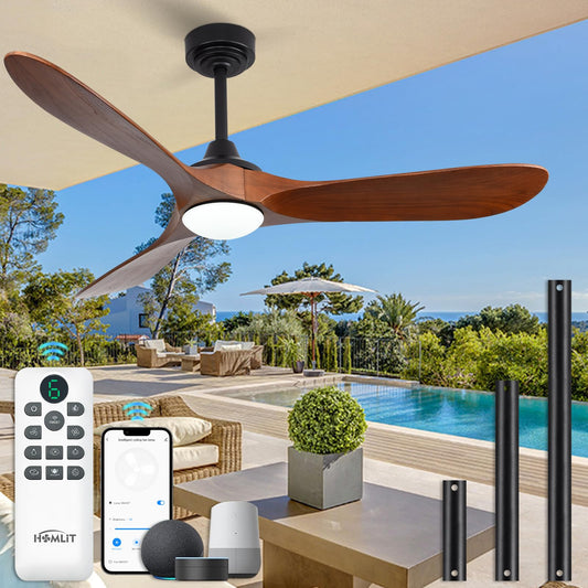 Homlit 52” Outdoor Ceiling Fan with Light and Remote via WiFi Alexa, 3 Walnut Solid Wood Blade, Noiseless Reversible Dc Motor, Smart Outdoor Wood