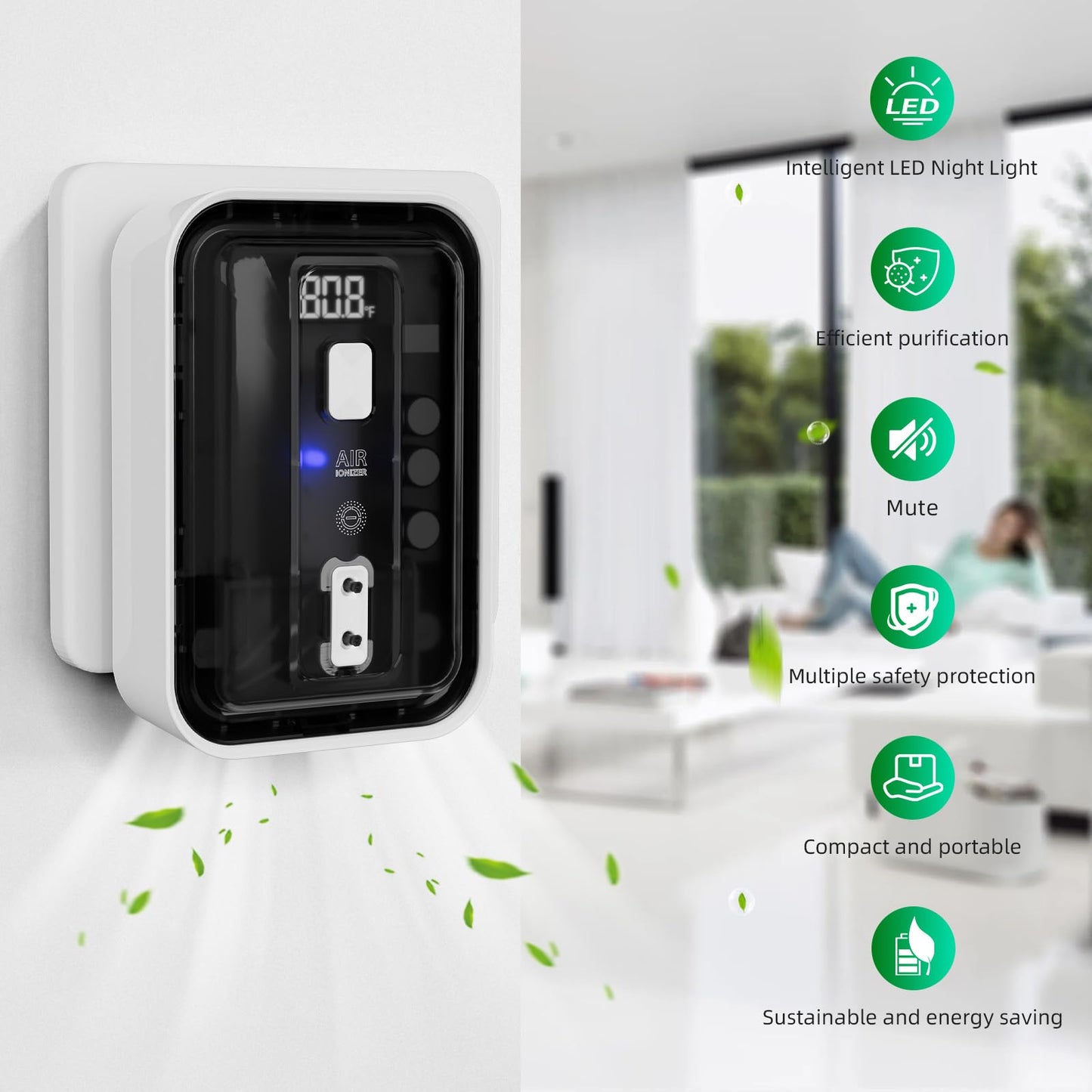 Sanivor 3 In 1 Air Ionizers For Home - Negative Ion Filtration System,Real Time Temperature Display Air Purifier Plug,Portable Air Purifier