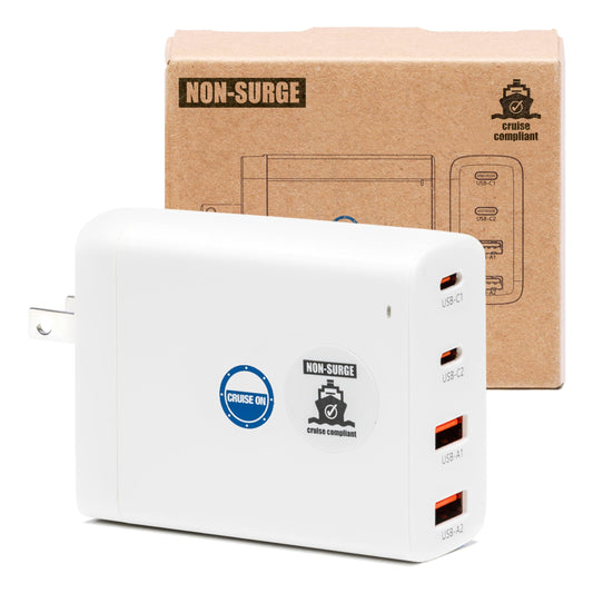 Cruise Approved Power Strip (Royal Caribbean, Disney & More) - Non Surge Charger [2 USB, 2 USB-C] 4-Port Charging Block w/Foldable Plug for iPhone
