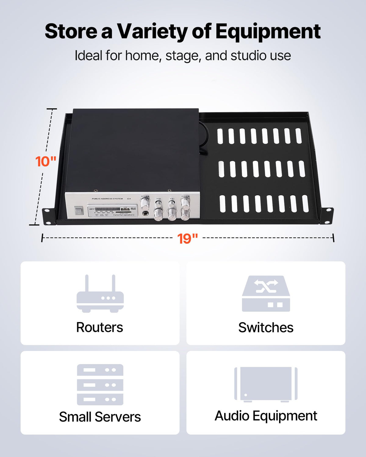 VEVOR 1U Server Rack Shelf, 4 PCS, 50 lbs Max Load-Bearing Vented Cantilever, Wall Mount or Rack Mount Shelf with Tray, 10 in Depth, Good Air