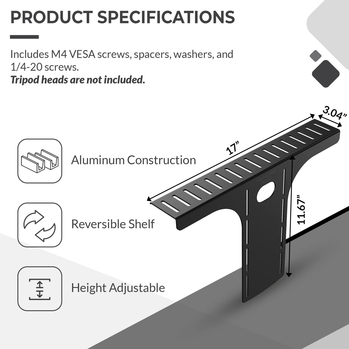HumanCentric DSLR Monitor Mount Large, Desk Camera Mounting, Light Webcam, Microphone Shelf for Monitor VESA Arm, Replace Clamp Tripods, 100x100mm