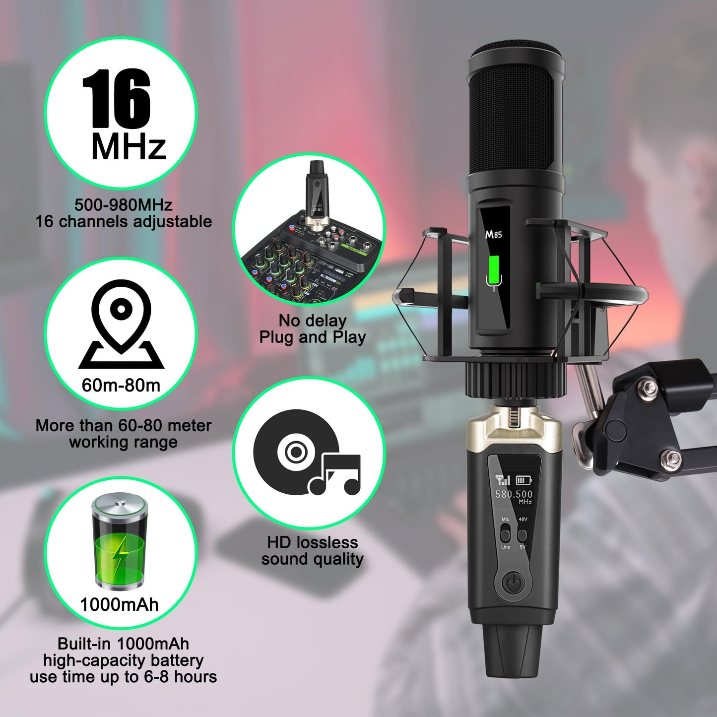 UHF Wireless XLR Transmitter and Receiver with 48V Phantom Power,Rechargeable Mic Adapter 16 Channels 196ft Range for Dynamic/Condenser