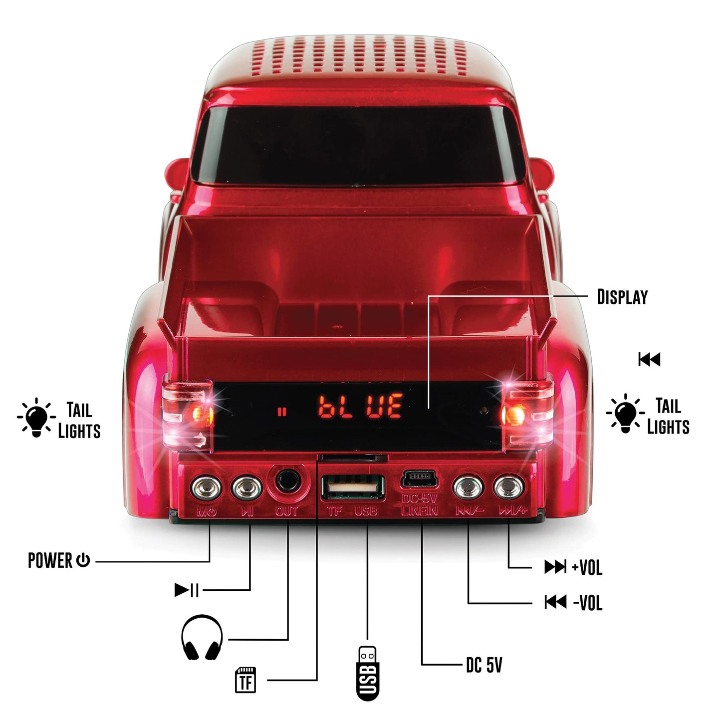 QFX Bluetooth 1956 Pickup Truck Replica Speaker, 3-inch Speakers, Hands Free Link, Built-in Microphone, FM Radio and LED Party Lights, Red - BT-1956