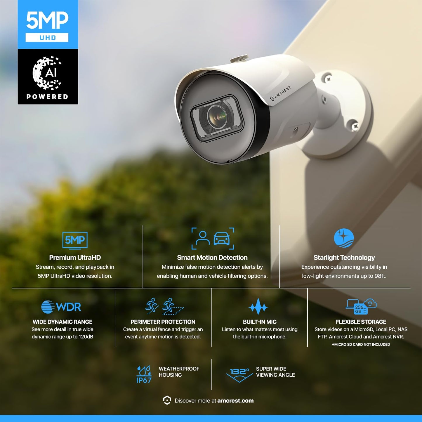 Amcrest 5MP Outdoor POE Camera 2592 x 1944p Bullet IP Security Camera, IP67, 132° Viewing Angle, Human & Vehicle Detection, Tripwire & Intrusion