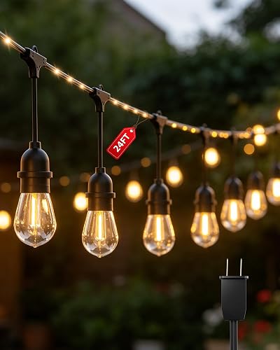 Outdoor String Lights With Lighted Tubing 24 ft, Commercial Grade String Lights with 13 (12+1spare) S14 Edison Bulbs & 72-LED Lighted Tubing, IP65