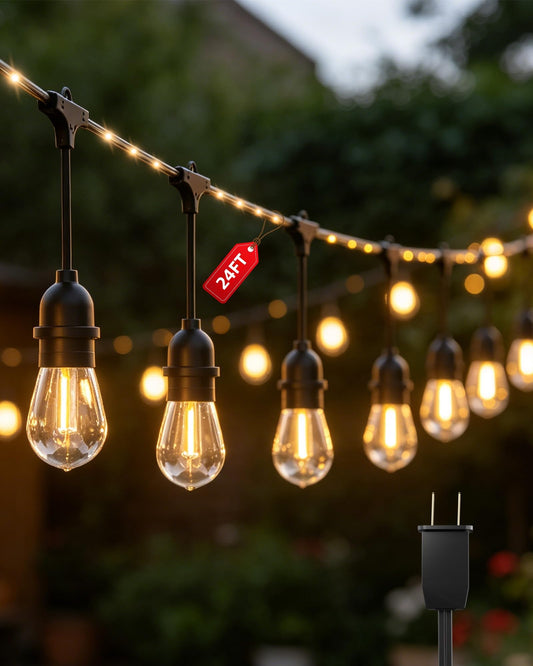 Outdoor String Lights With Lighted Tubing 24 ft, Commercial Grade String Lights with 13 (12+1spare) S14 Edison Bulbs & 72-LED Lighted Tubing, IP65