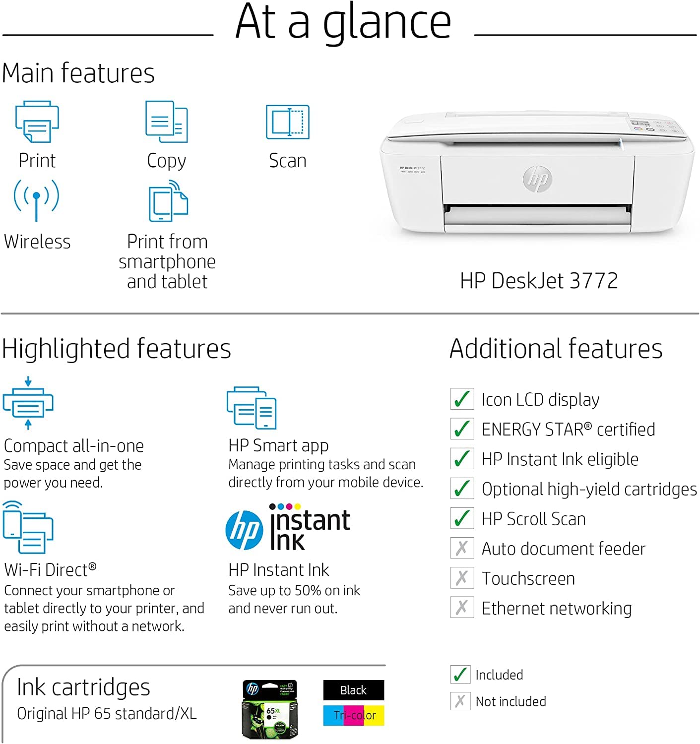 HP DeskJet 3772 All-in-One Wireless Color Inkjet Printer, Scan and Copy, Instant Ink Ready, W/Silmarils Printer Cable