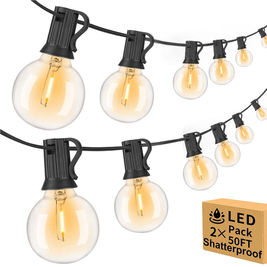 100ft Outdoor String Lights Waterproof/Connectable/Dimmable with 52 LED Shatterproof Bulbs,2-Pack 50ft UL Listed Globe G40 String Lights Outside
