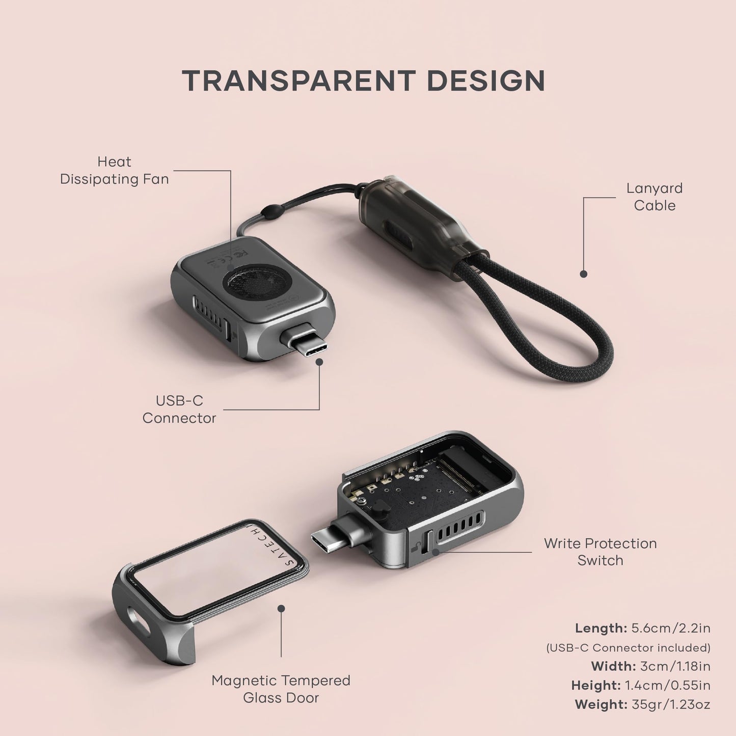 Satechi M.2 NVMe Mini SSD Enclosure with 10Gbps Transfer Speed, Up to 2TB SSD Storage, Active Auto Cooling, Compact and Portable USB C Case, Supports