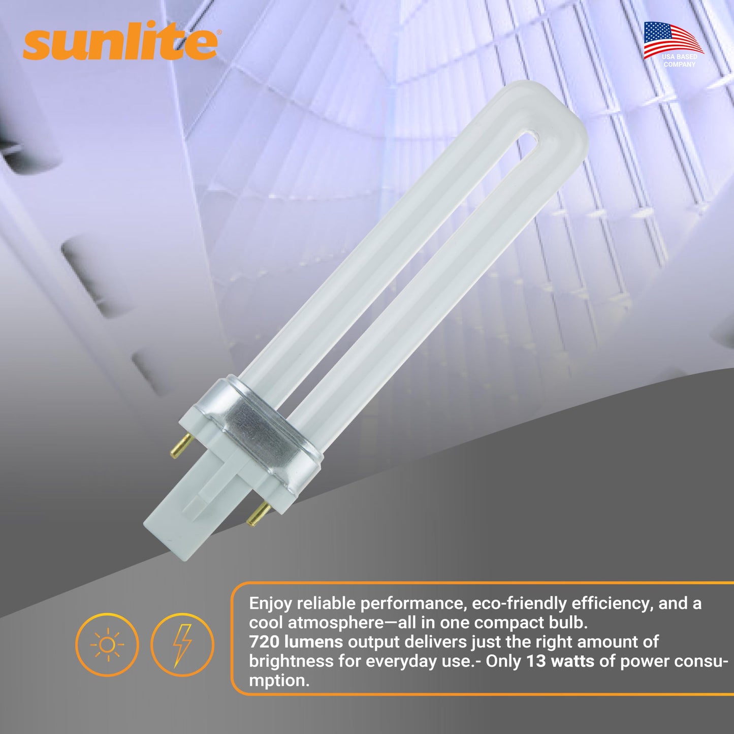 Sunlite PL13/SP41K Compact Fluorescent Single U-Shaped Twin Tube Light Bulb, 13 Watts, 120 Volts, 720 Lumens, 2-Pin GX23 Base, 4100K Cool White, 10