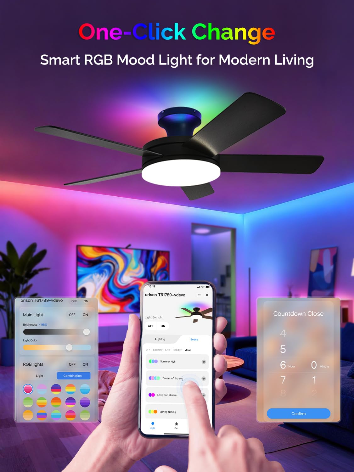 Orison Ceiling Fans with Lights, 45 Inch Low Profile Ceiling Fan with Light and Remote/APP Control, RGB Backlight & LED 3CCT Dimmable, DC Reversible