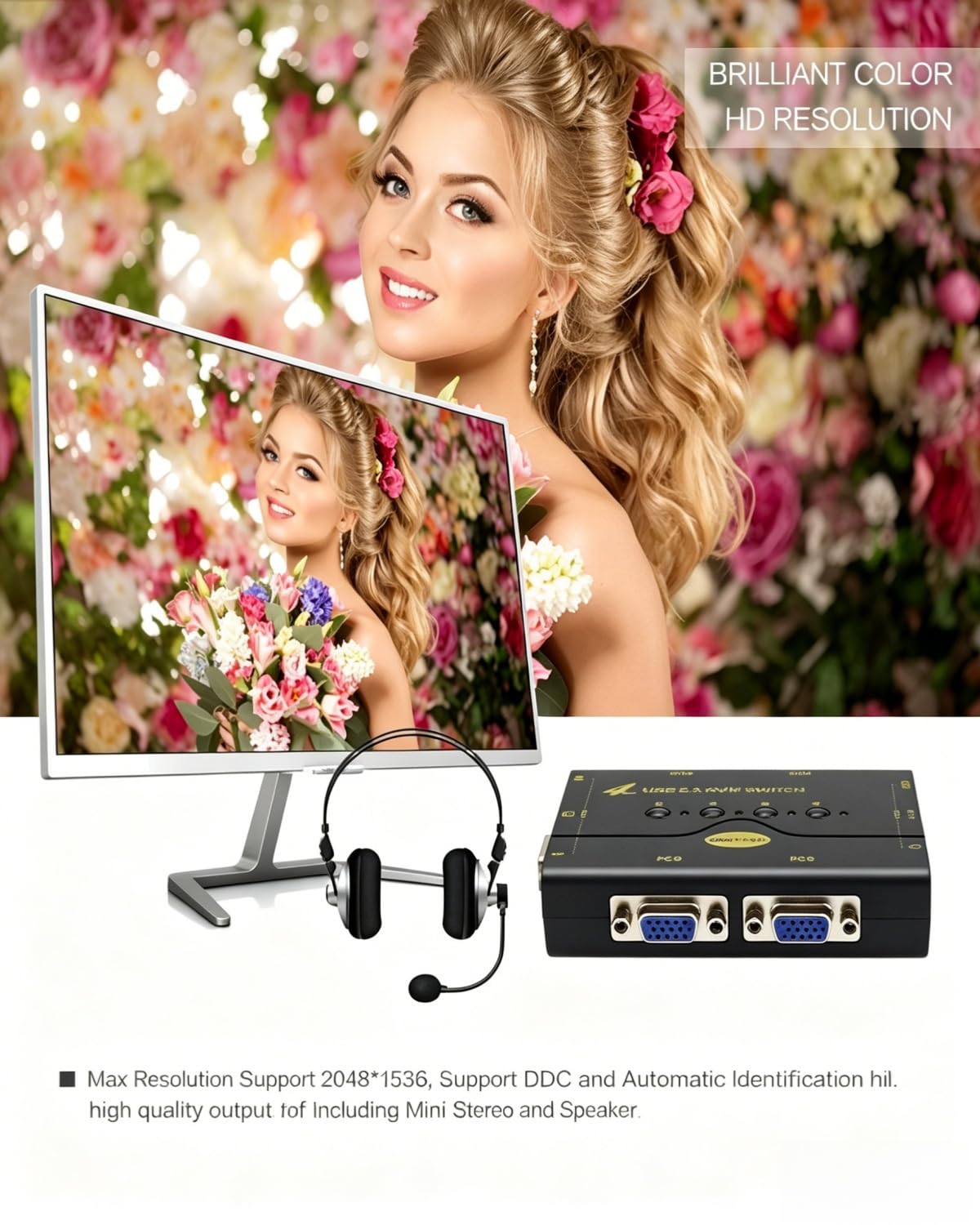 4 Port VGA KVM Switch with USB Hub and Audio Support Wireless Keyboard Mouse Connection and Push Button Switching Function