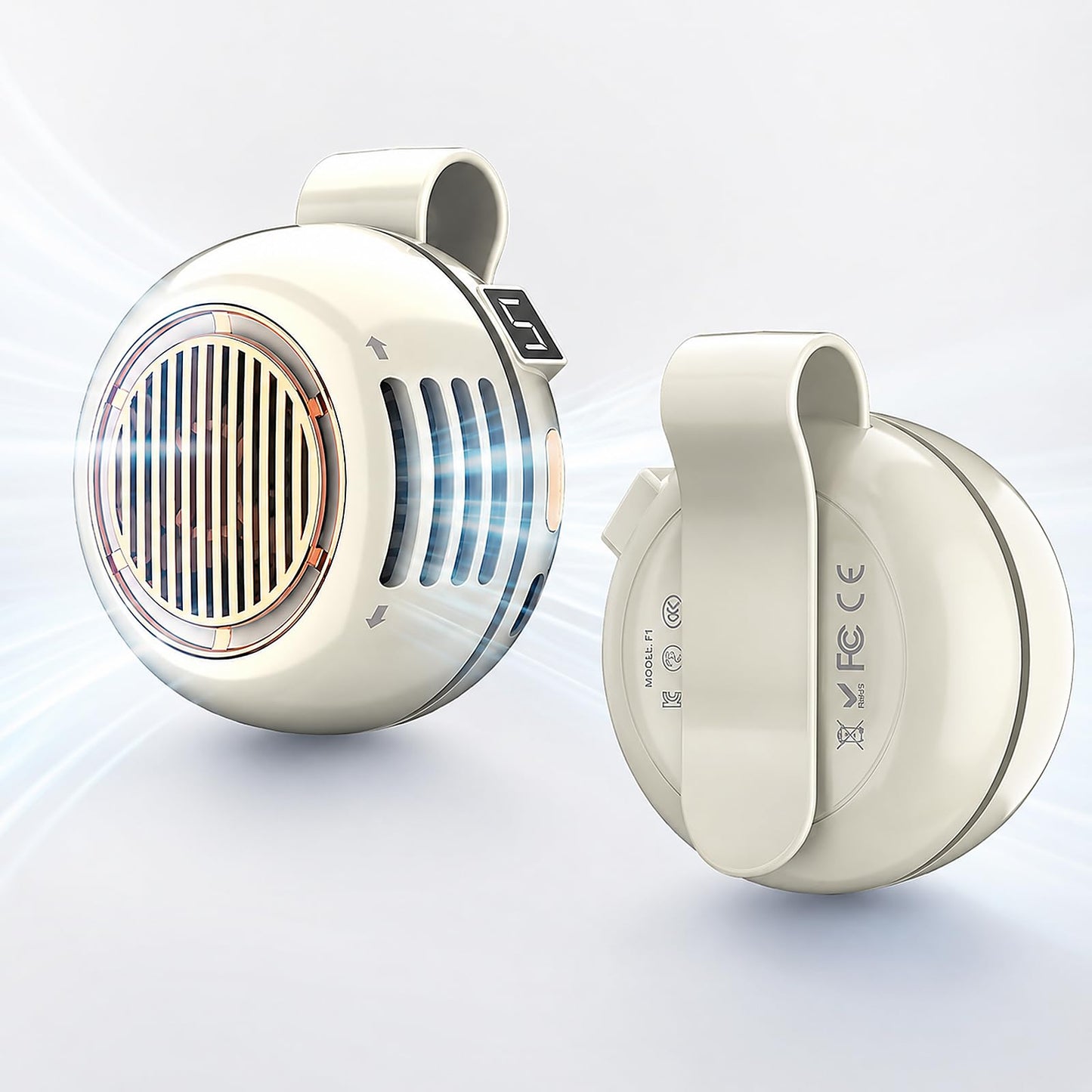 Portable Clip on Fan, Bladeless Waist Clip Fan with 5 Speeds, USB-C Rechargeable Mini Quiet Fan, LED Display, 1000mAh Battery, 82g Lightweight, Up