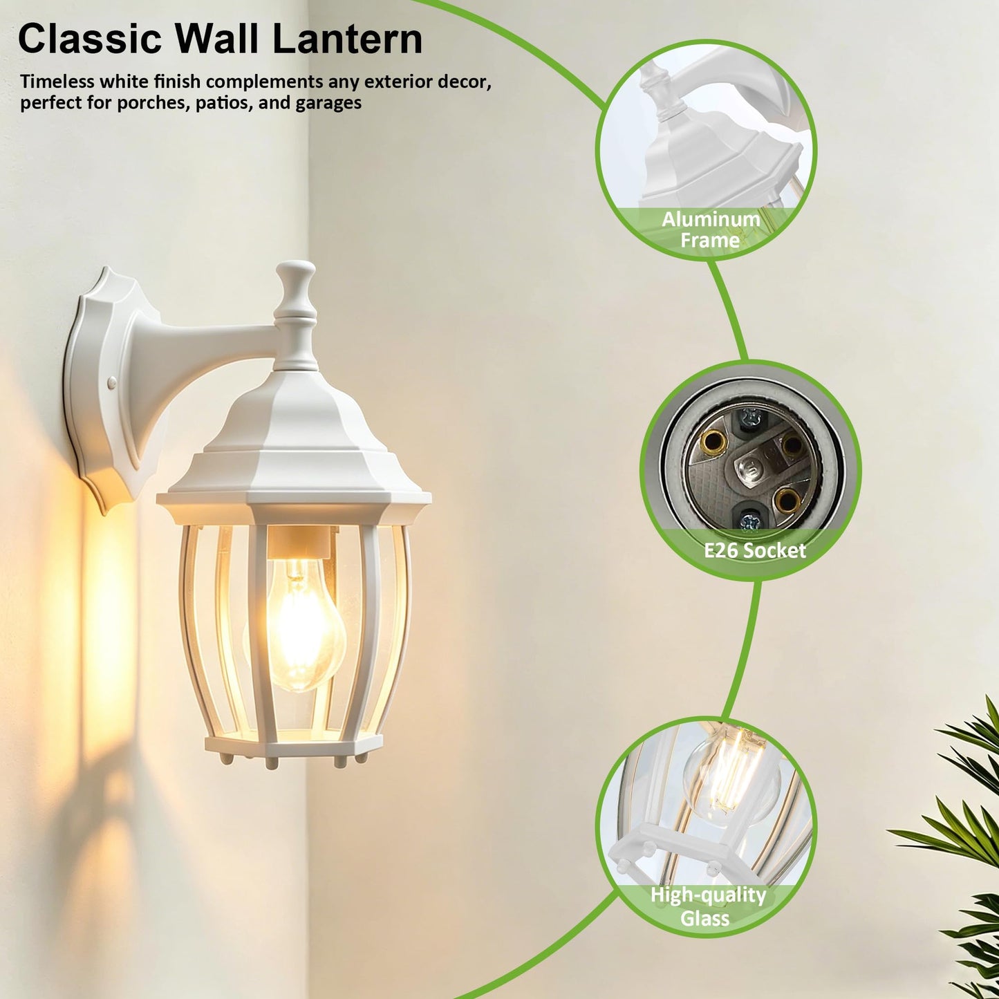 LIT-PaTH Outdoor Wall Lantern, Wall Sconce as Porch Lighting Fixture with E26 Medium Base Max 60W, Aluminum Housing with Glass Shade, Matte White