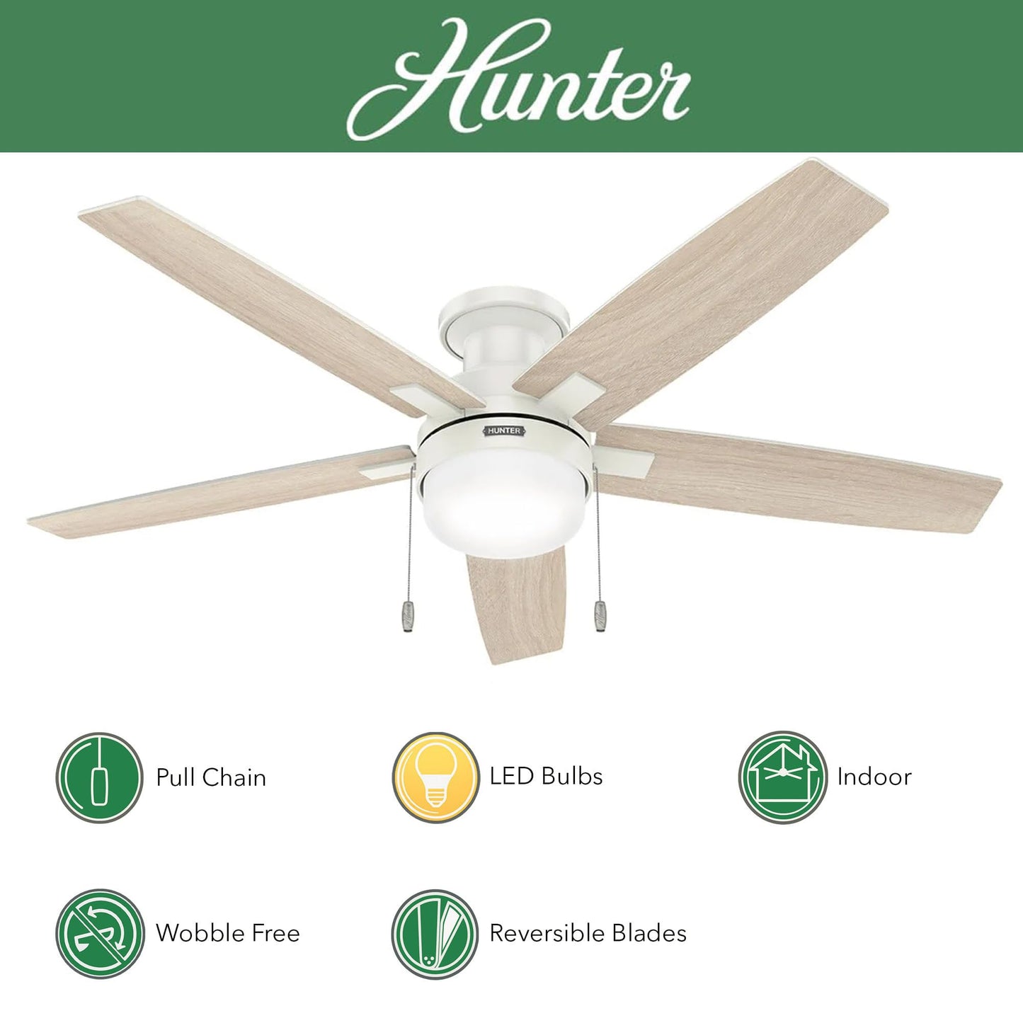 Hunter Fan 52 inch Indoor Ceiling Fan with LED Light, White Ceiling Fan with Pull Chain, for Bedroom or Living Room, No Remote, 5 Blades (Renewed)