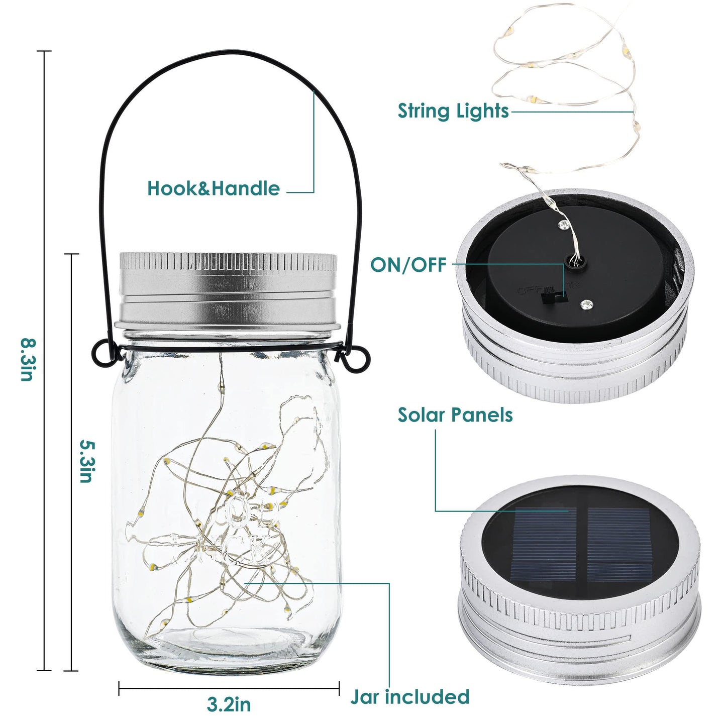 GIGALUMI Hanging Mason Jar Solar Lights, 6 Pack 30 Led Hanging Solar Lanterns Outdoor Waterproof, Hangers and Jars Included, Outdoor Decor