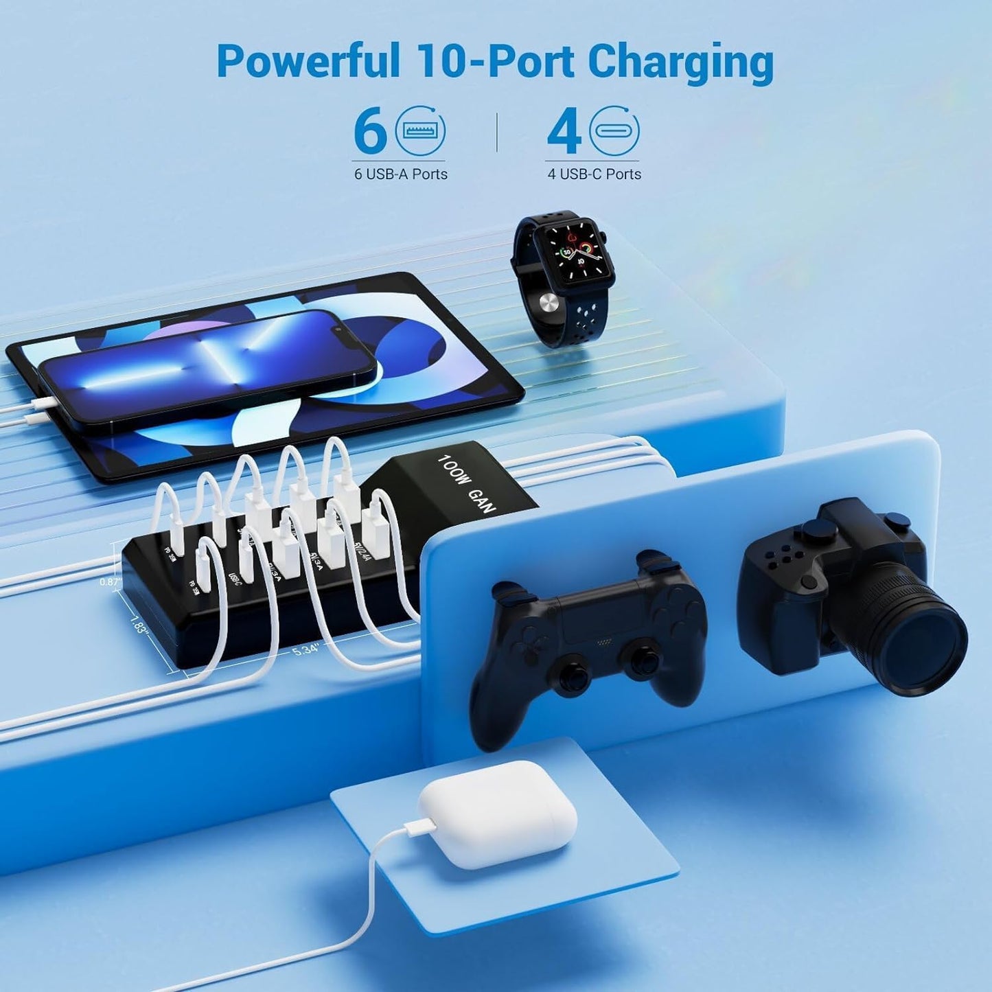10-Port USB Charger Block - 100W6A4C Multi USB Port hub for iPhone/iPad/Samsung Galaxy Note Tablet Android Smartphone
