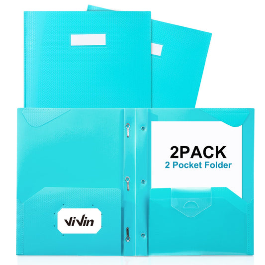 ViVin Plastic Folders with 3 Prongs,2 Pack,Heavy Duty 2-Pocket Folders with Fasteners Fits Letter Size Paper,Includes Labels,for School Home